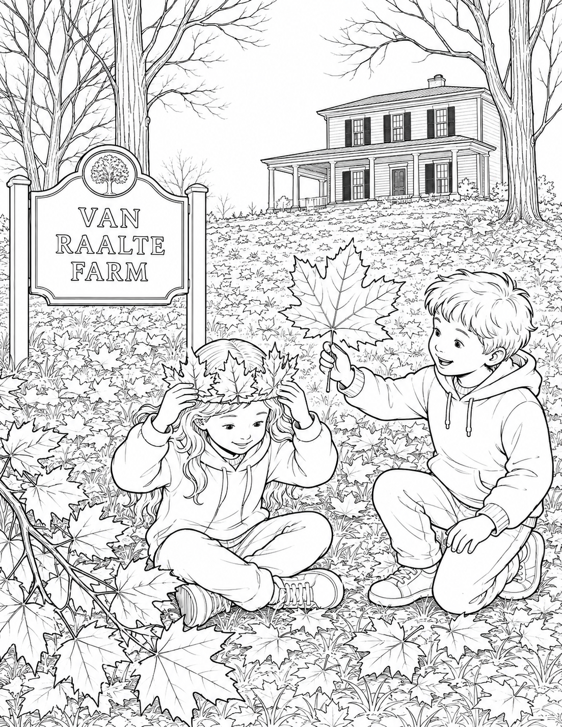 Two children make a crown from fallen leaves on the slope below Van Raalte Farm’s house.