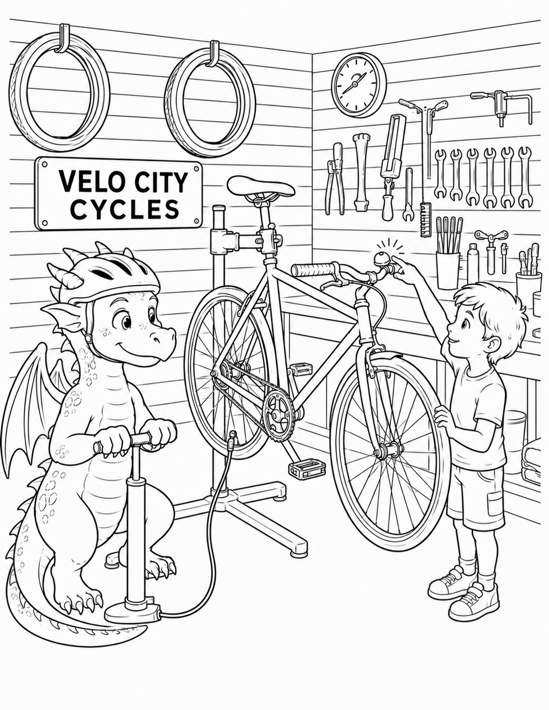 A young dragon holds the tire pump ready while a child rings the bicycle bell. An imagined visit to Velo City Cycles, with its name on the workshop wall.