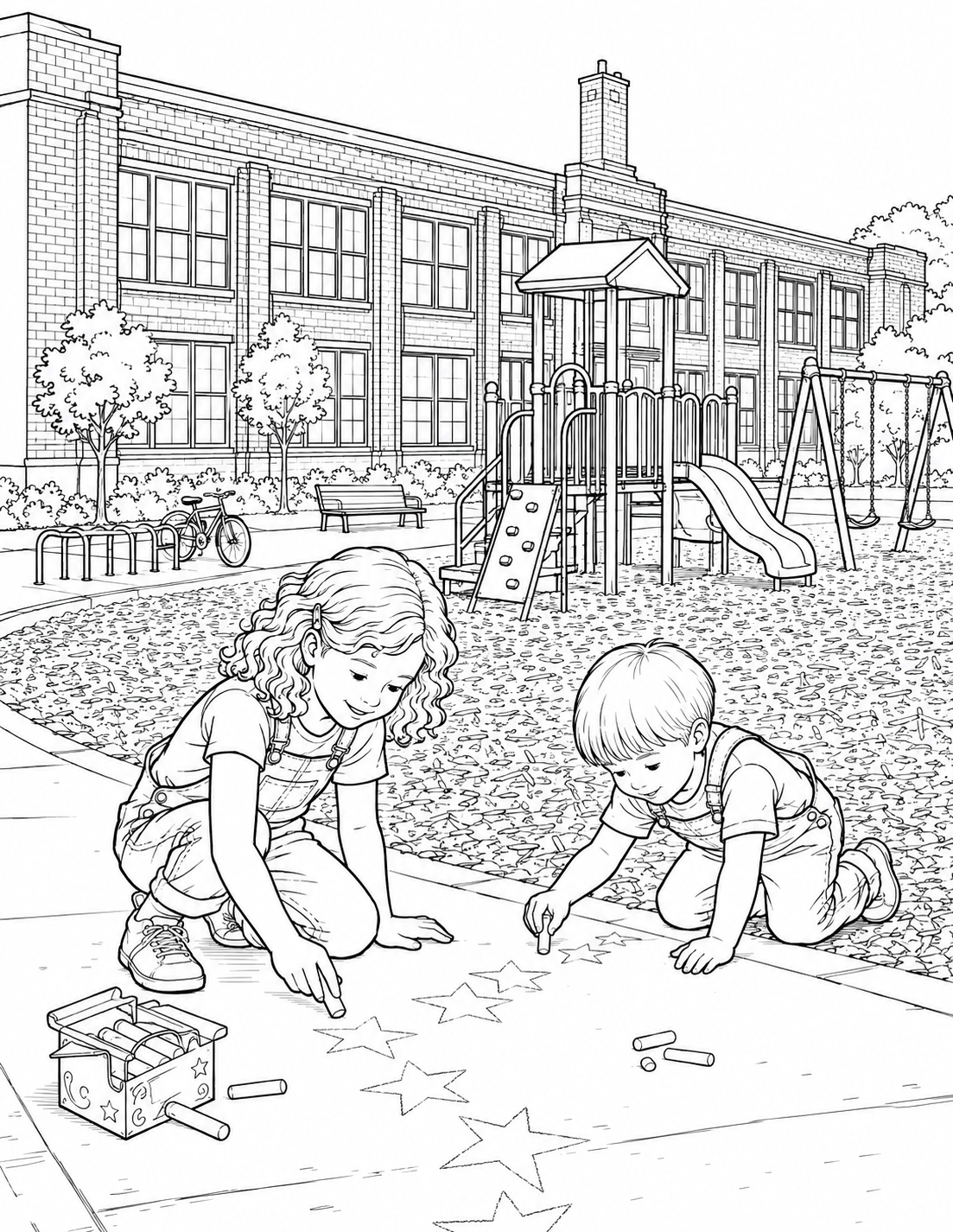 Two children draw a line of chalk stars on the path beside Washington School Green’s playground.