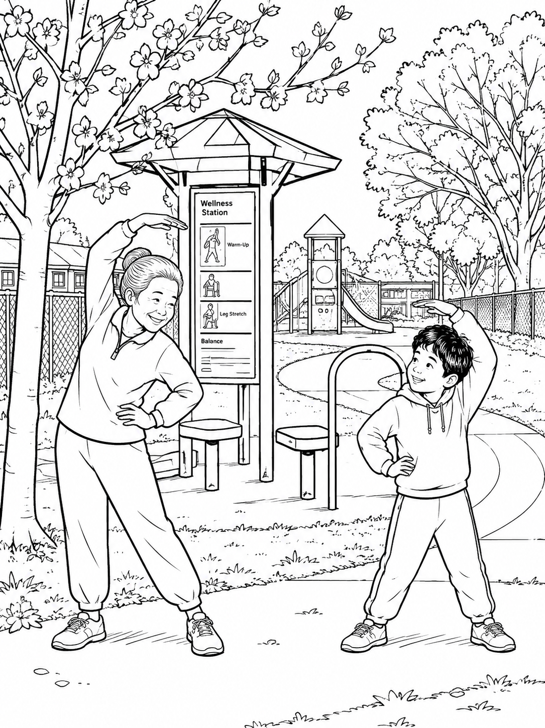An older adult and a child stretch beside the wellness station at Water Tower Park.
