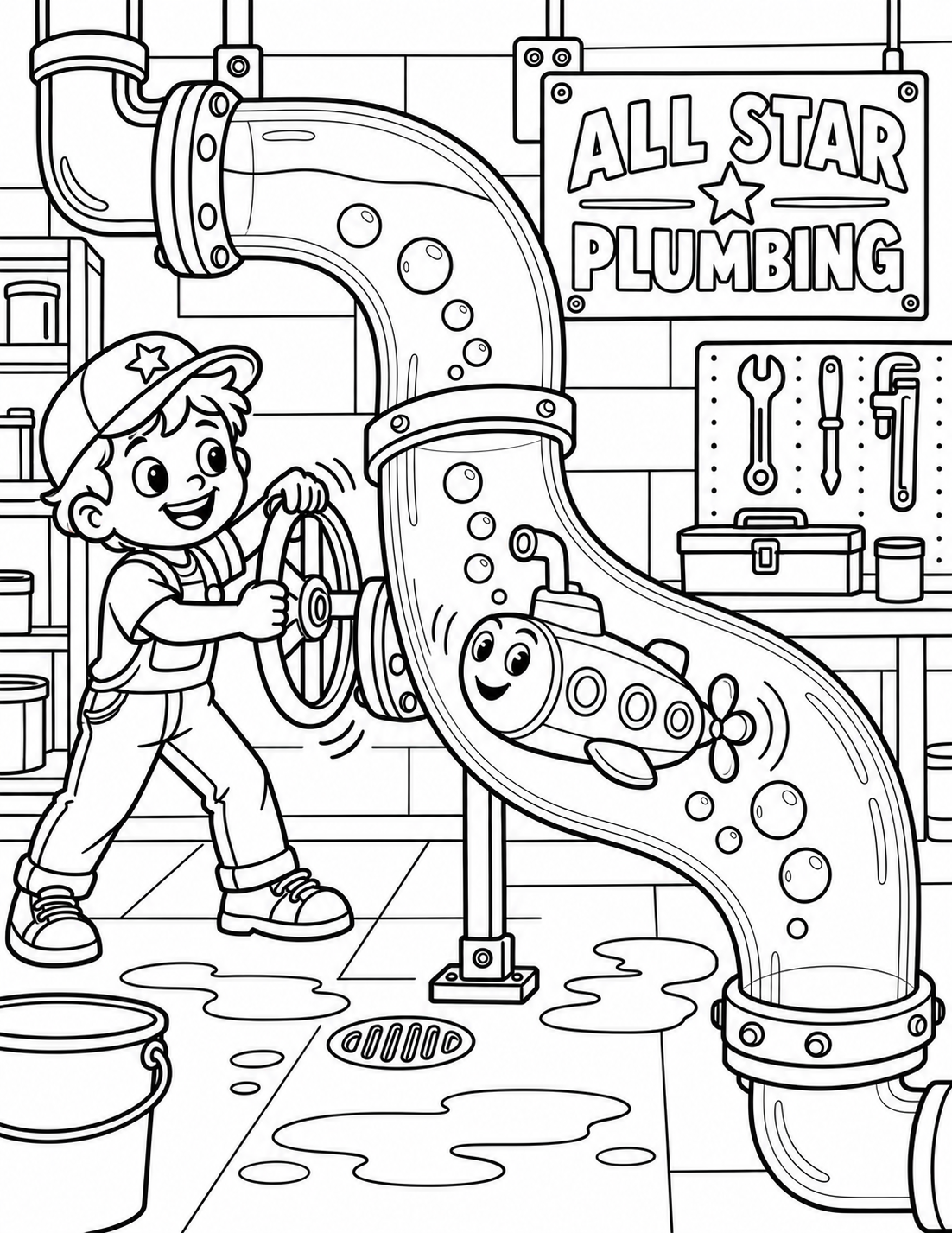 A smiling toy submarine navigates a clear S-shaped pipe while a young plumber turns the valve that lets it pass.