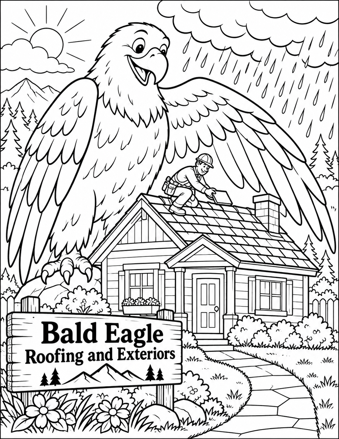 A giant friendly eagle shelters a little house while a roofer places its last roof tile.