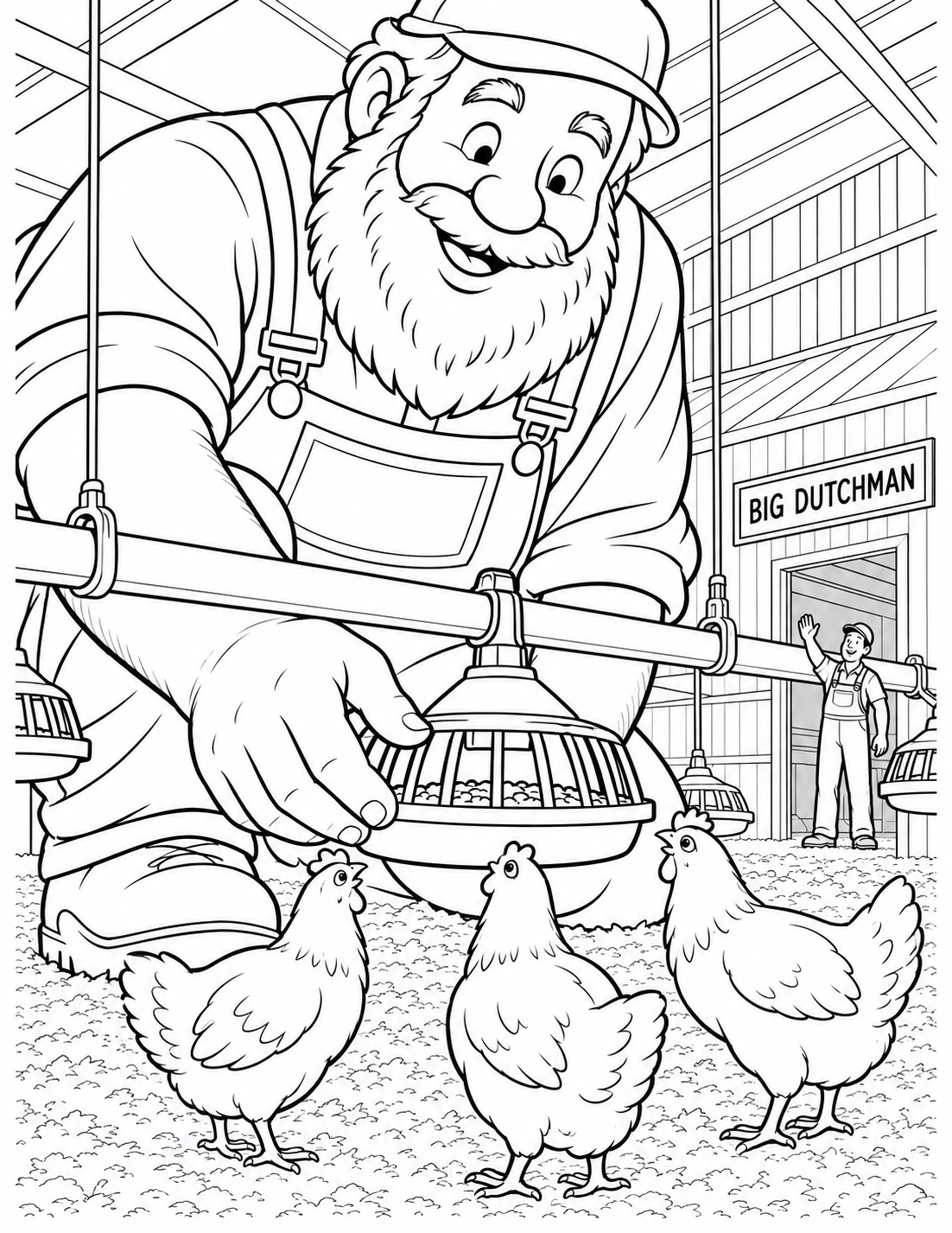 An imaginary gentle giant Dutchman crouches beside a simplified poultry barn and clips a big circular feeder pan onto a supported horizontal feed line while chickens gather and an ordinary-size worker waves.