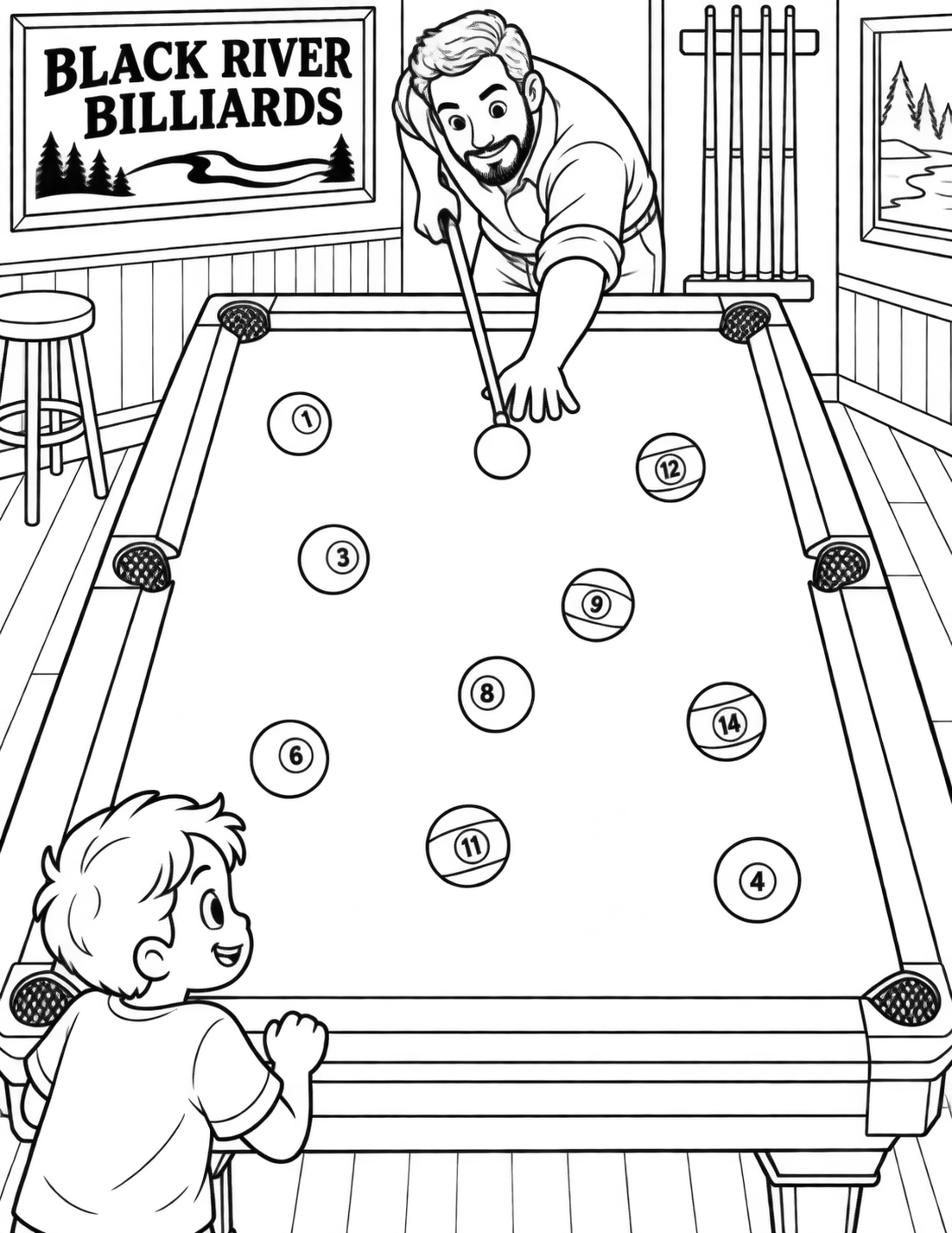 A family pair lines up a shot across one large accurately rectangular six-pocket pool table, long axis rising through the portrait page, with striped and solid balls visible.
