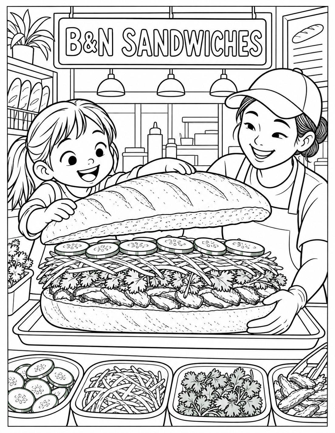 A child helps a sandwich maker build an oversized bánh mì at the B&N counter; colorful-in-potential vegetables and herbs form big separate layers, and the child eagerly lifts the top bread into place.