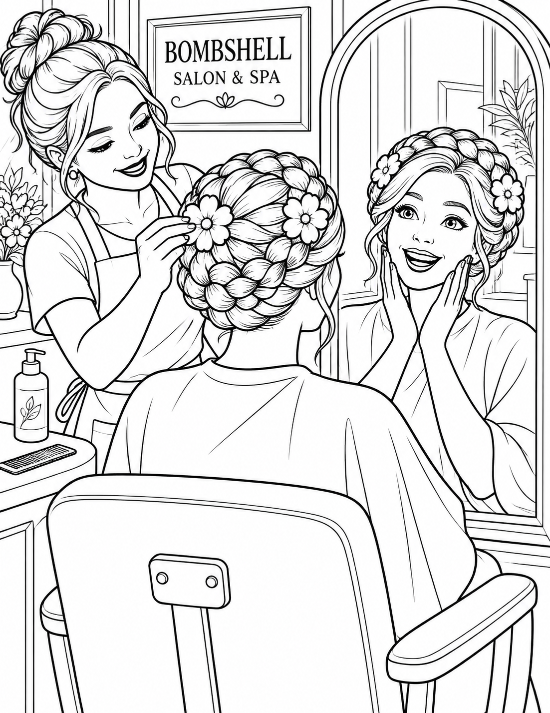An adult guest and stylist reveal one oversized braided crown hairstyle at a salon mirror, with three large flower clips and no creatures.