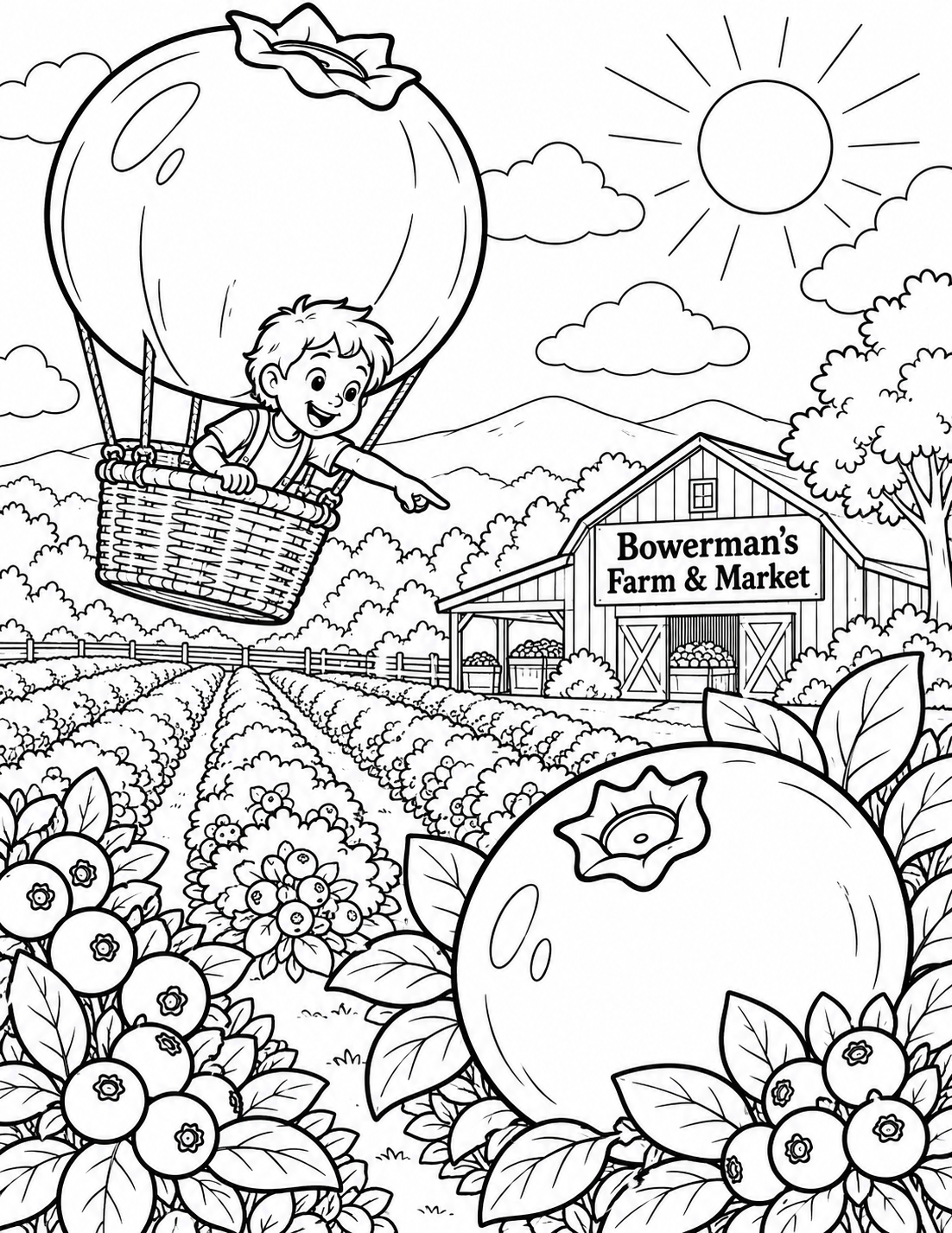 A child floats in a blueberry-shaped balloon above broad berry rows, spotting one huge ripe berry.