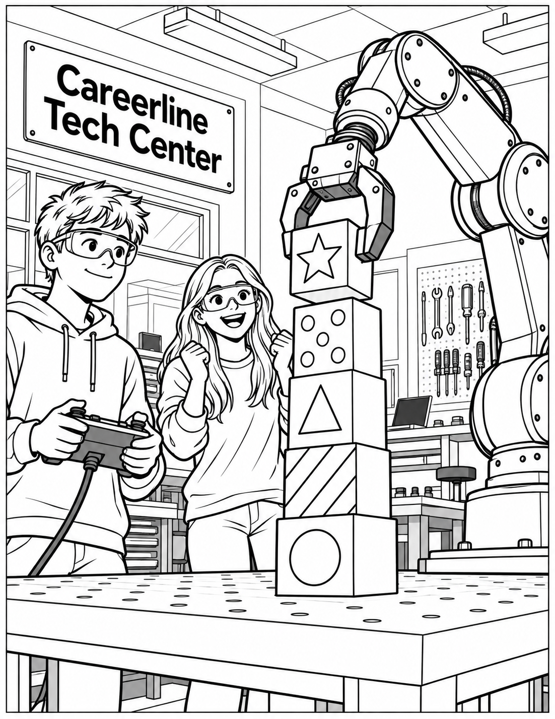 Two teenage students celebrate as their real workshop robot arm places the final large block on a tower.