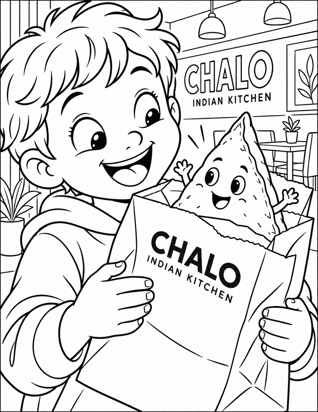 A child discovers a playful triangular samosa peeking from a takeout bag at Chalo Indian Kitchen.