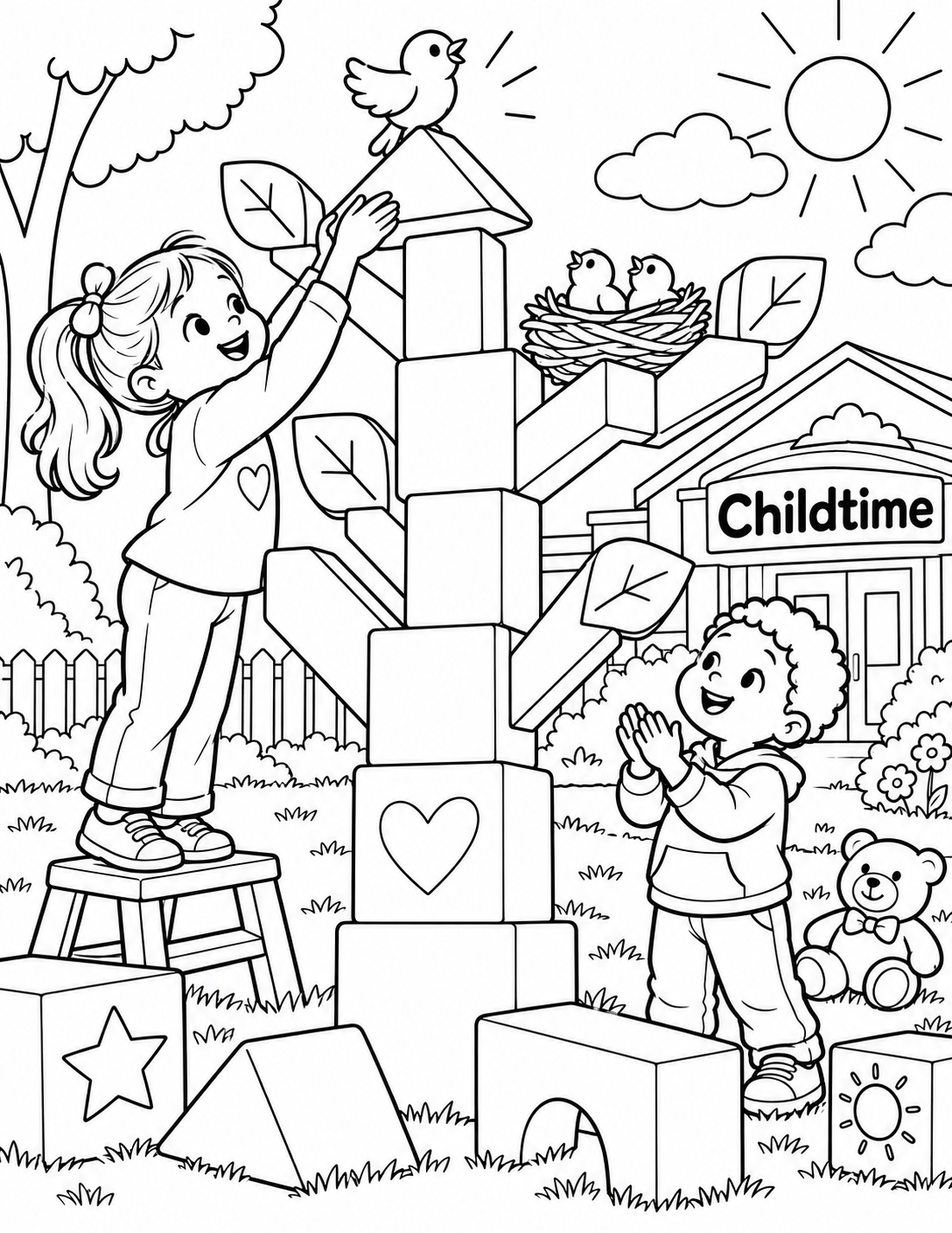 Preschoolers build an oversized block tree and discover toy birds nesting in its branches.