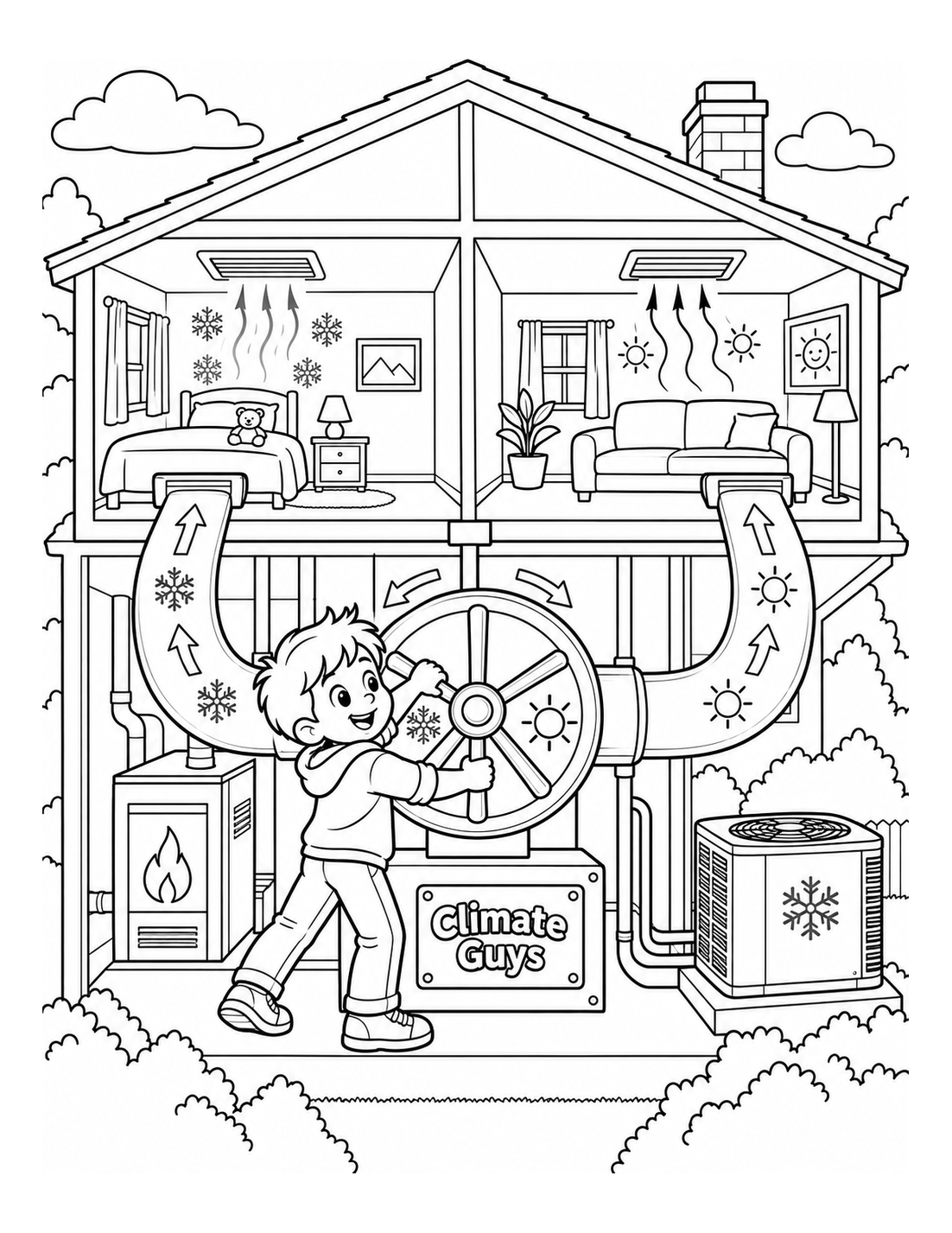 a safe climate wheel sends clear warm and cool air streams through a cutaway house and turns its rooms into two playful seasons