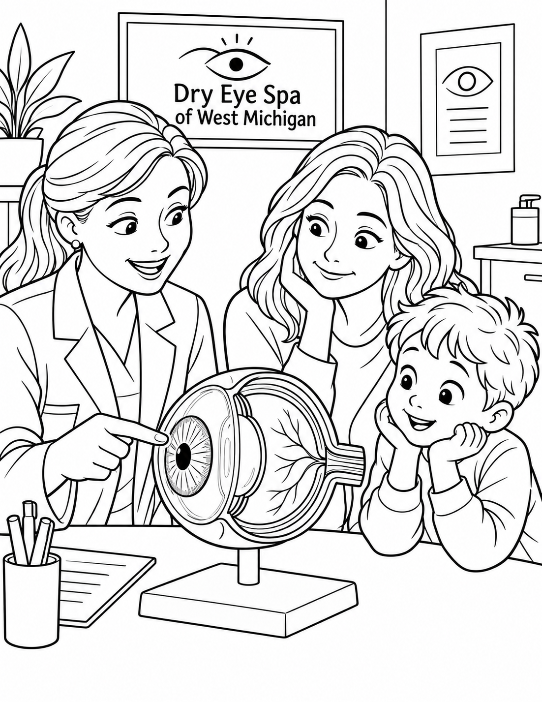 An eye doctor uses a large simple eye model to explain tear care to an adult patient while a child watches curiously.