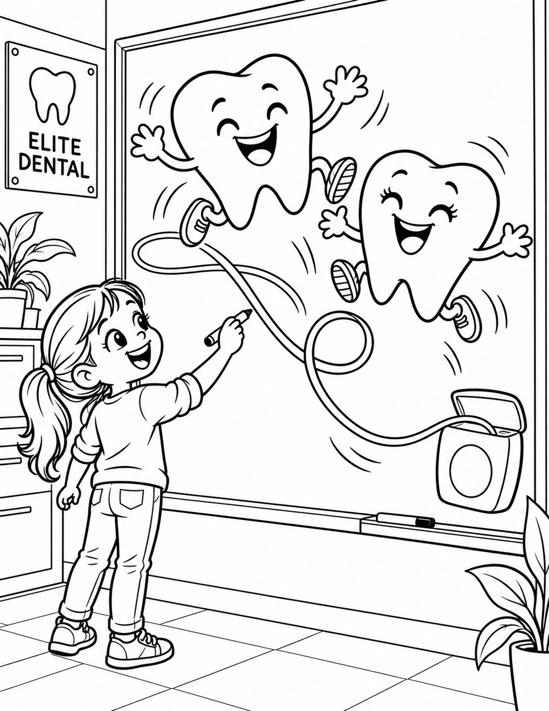 A child in a dental office draws two joyful tooth characters skipping an enormous looping floss rope across a whiteboard.