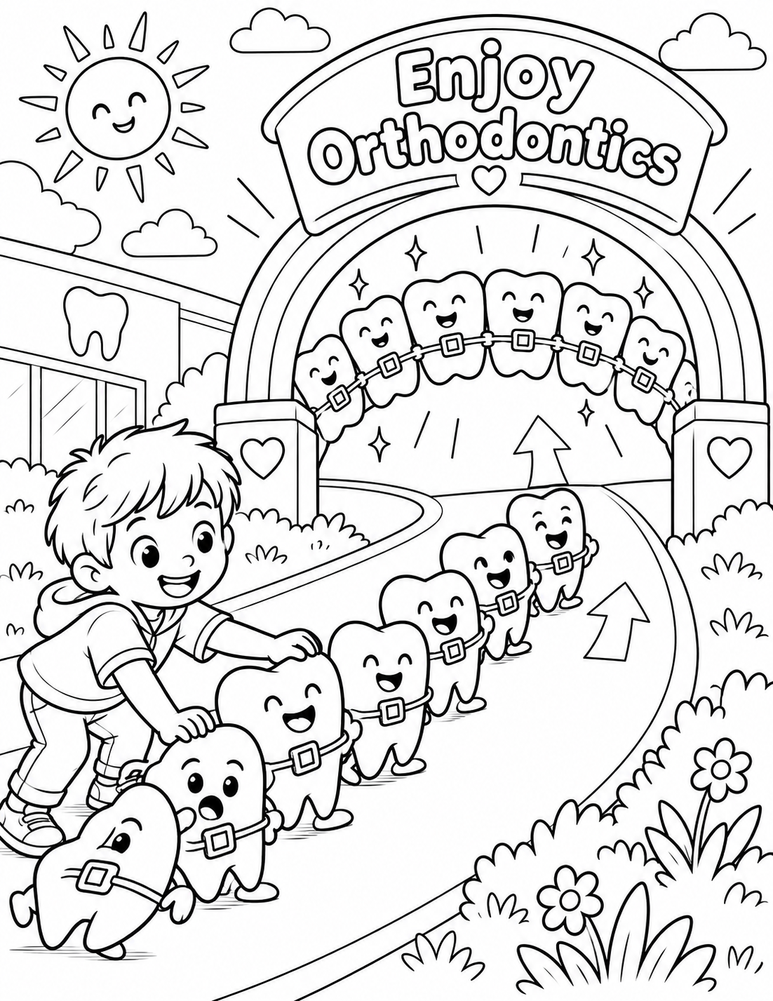 A child guides a row of smiling toy teeth into a rainbow arch, each settling into place.