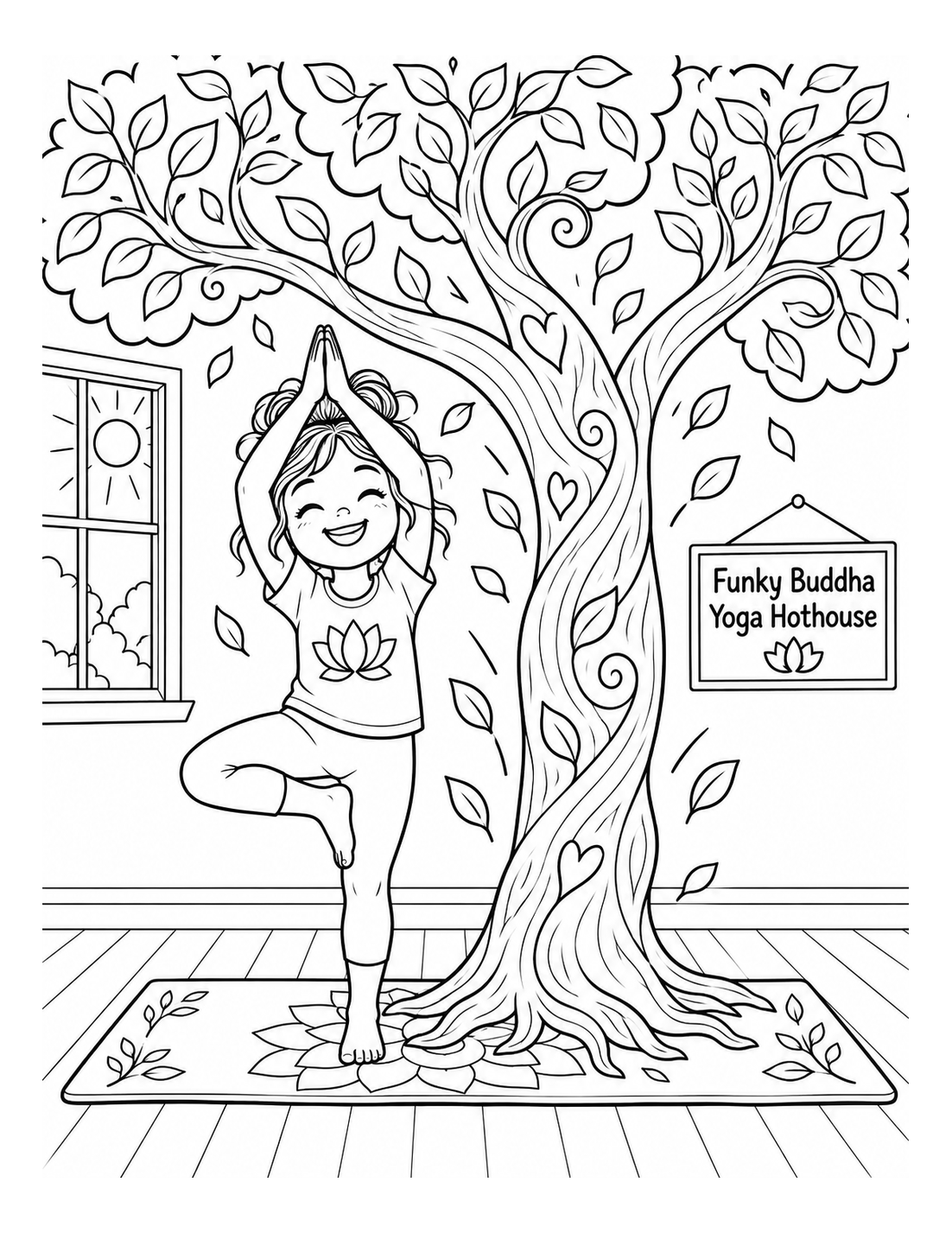 A tree grows out from the mat beside the child’s grounded foot, filling the page with a broad curling trunk and canopy.