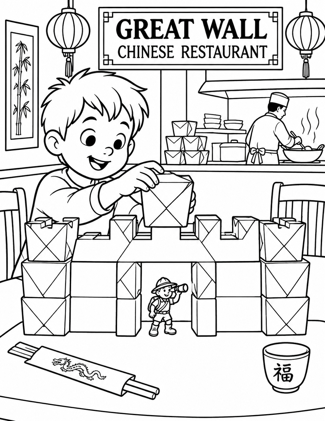A child builds a playful crenellated fort from folded takeout boxes at Great Wall, with a tiny explorer in its arch.
