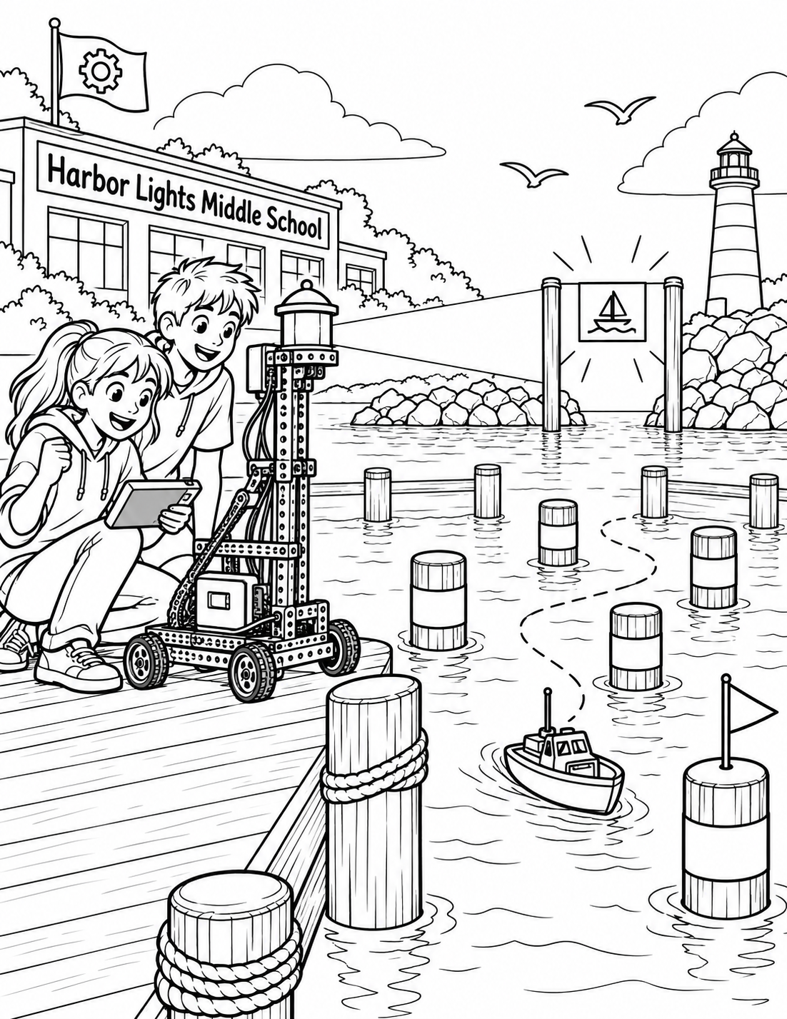 A student-built robot raises a lighthouse beam to guide a toy boat through a harbor maze.