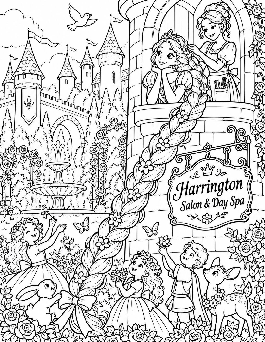 A princess's braid descends a castle tower and becomes the path to a celebration below.