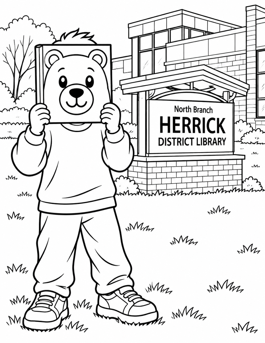 A child holds a bear-cover book over his face outside Herrick District Library’s North Branch.