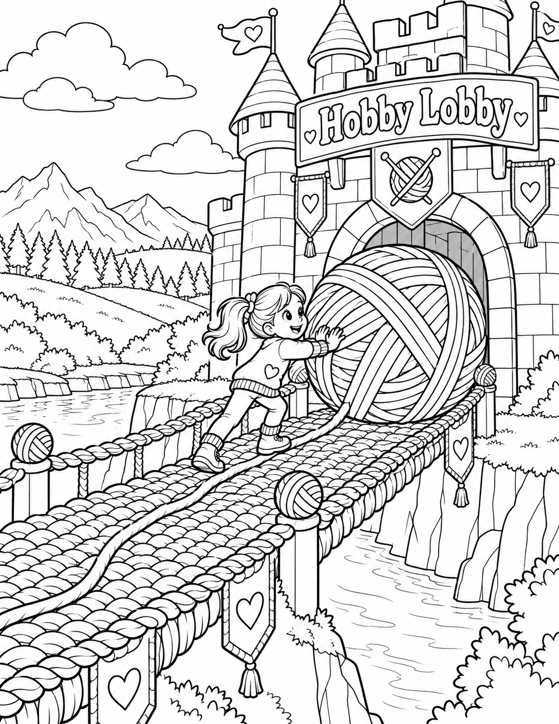 A child guides an enormous yarn ball into a toy castle while a knitted bridge forms behind it.