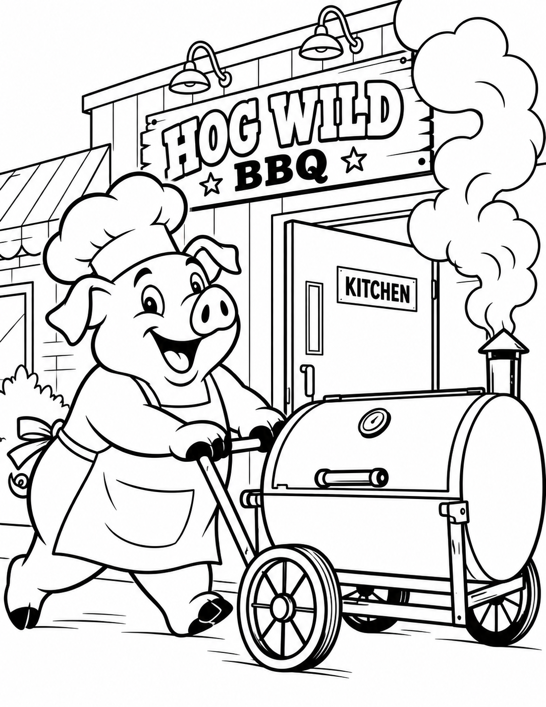 A cheerful hog mascot in a chef apron pushes a rolling barrel-smoker like a miniature locomotive toward Hog Wild BBQ, its white smoke curling into enormous playful spirals.