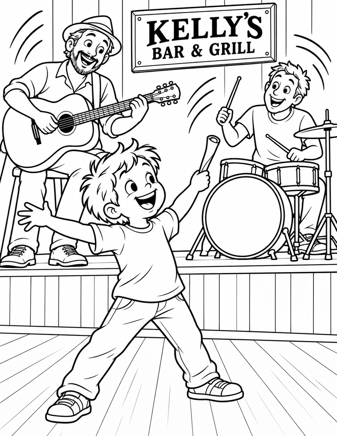 A child becomes an exuberant pretend conductor on the open floor at Kelly's while a guitarist and drummer on the small stage follow the child's beat.