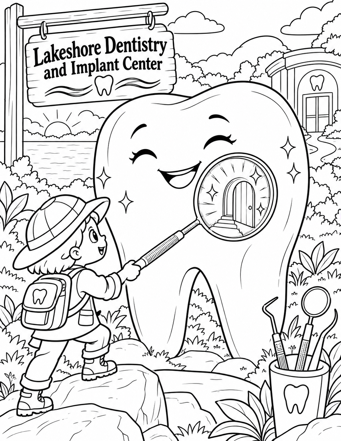 A tiny explorer uses a dental mirror to reveal a hidden doorway in a smiling giant tooth.