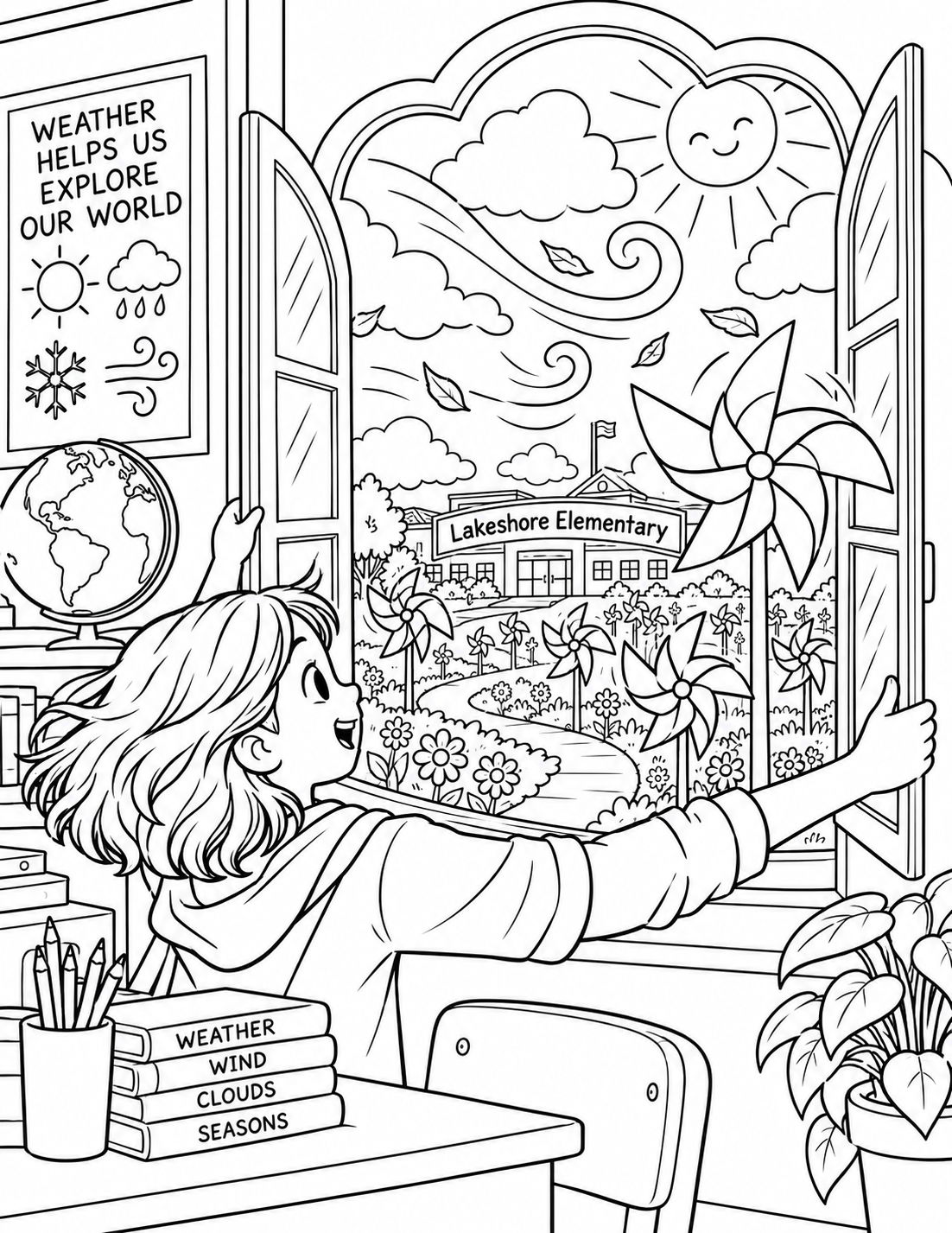 A child opens a cloud-shaped classroom window and discovers the weather turning into a broad pinwheel garden.
