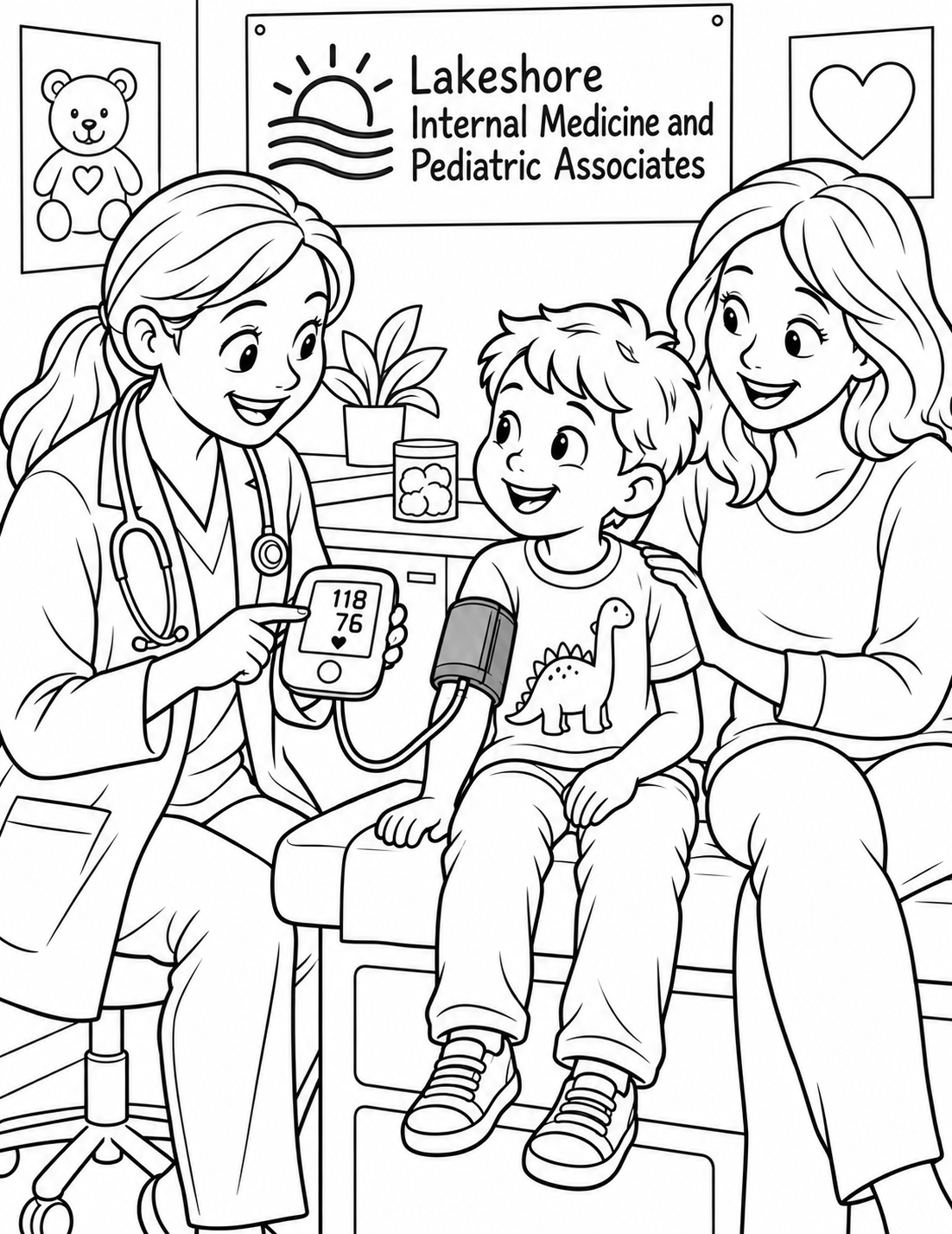 A pediatric clinician helps a child see the result on a simple arm-cuff blood-pressure monitor while a parent looks on.