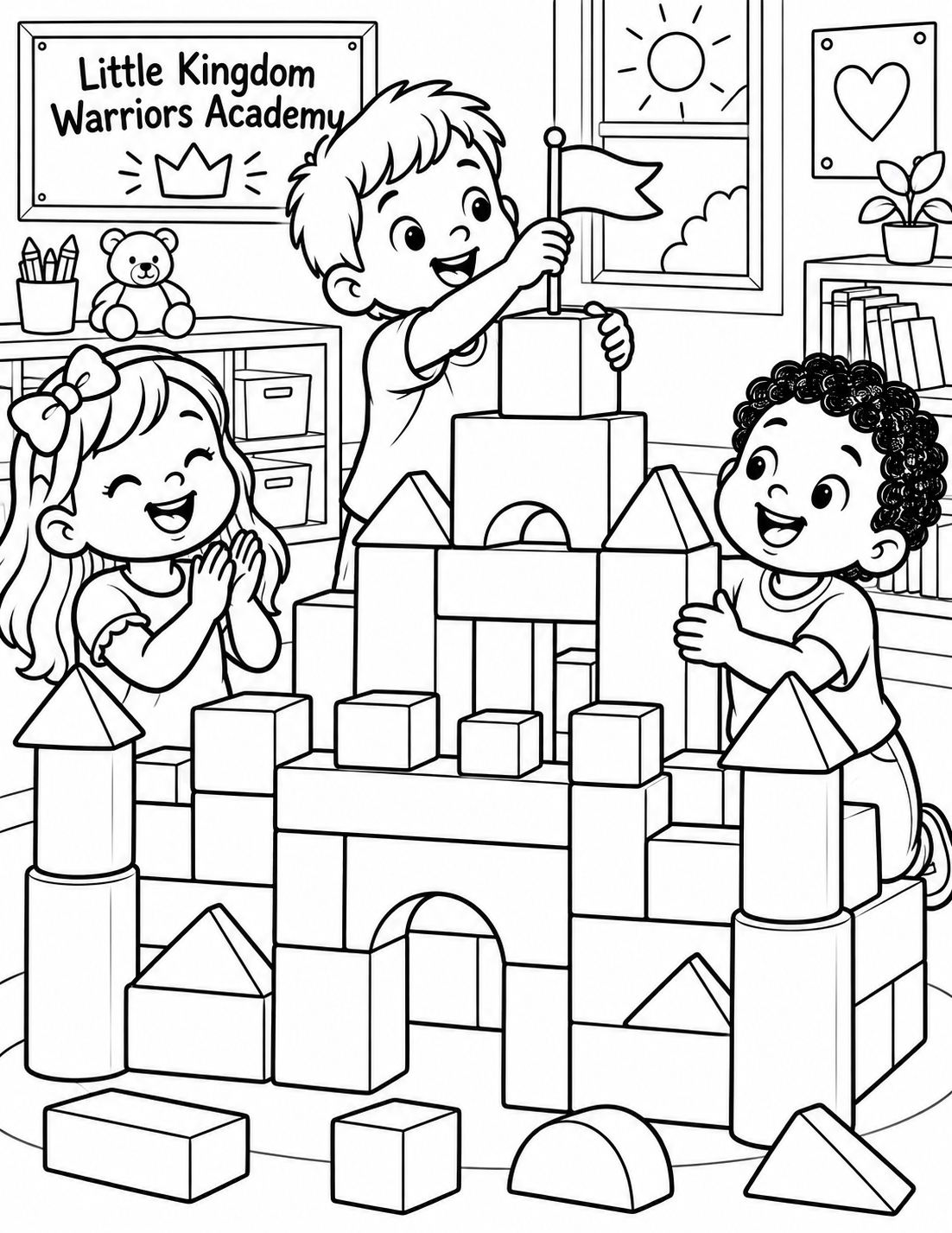Three preschoolers build a colorful block fortress together and one proudly plants its tiny flag.