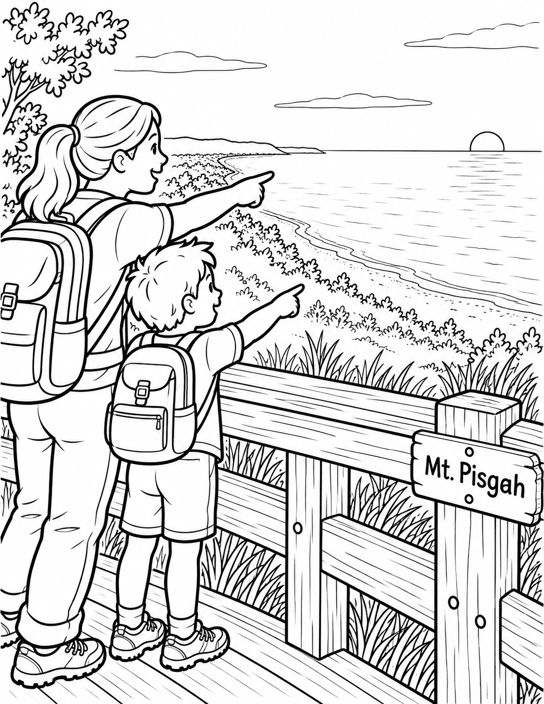A child and parent reach the overlook railing and discover a big sweeping lake view after the climb.