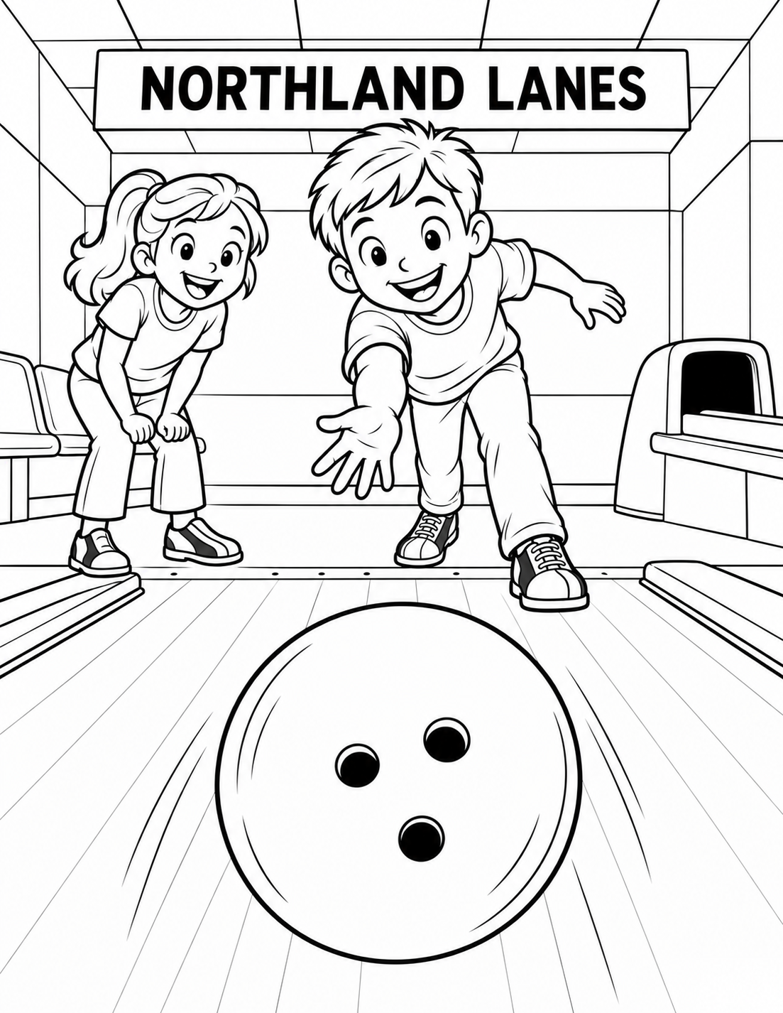 Low lane-facing view of one child releasing one three-hole bowling ball while a second child in visibly different bowling shoes leans forward in anticipation.