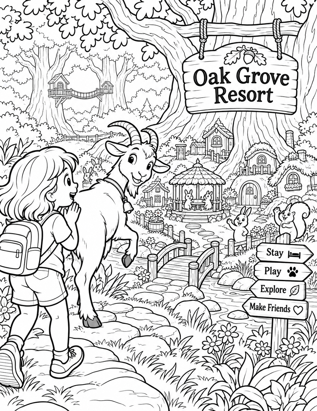 A friendly goat leads a child to a miniature meadow village tucked inside a giant oak grove.