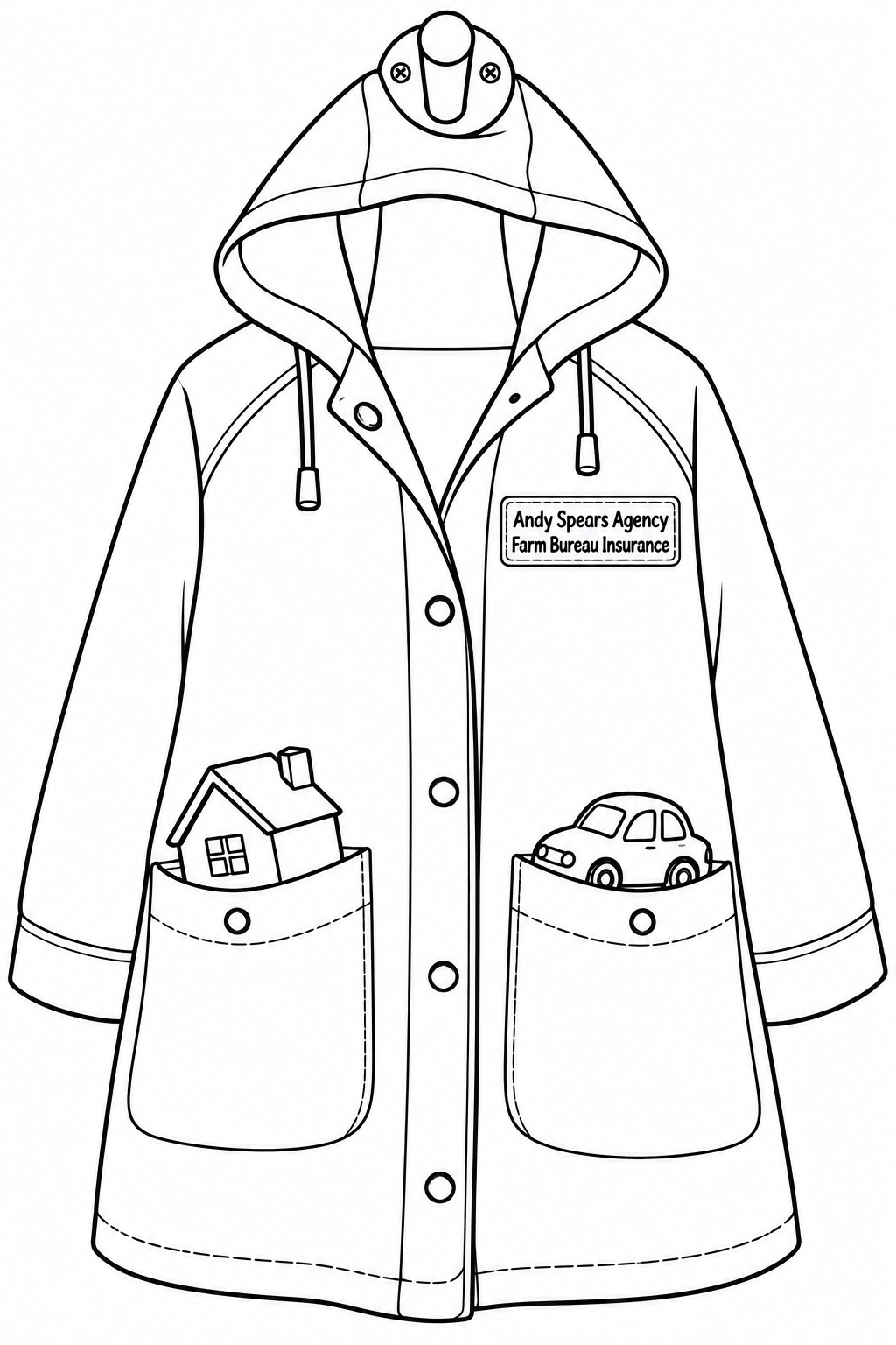 An empty hooded raincoat hangs from a sturdy wall peg, with a tiny model house nestled in one deep front pocket and a small toy car nestled in the other.