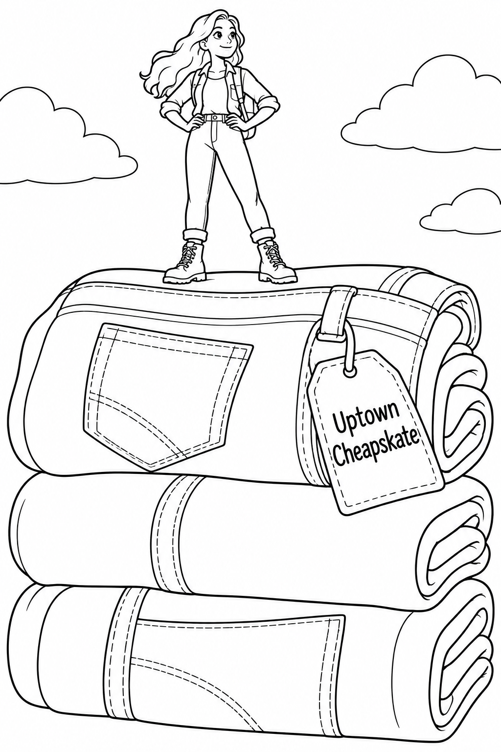 A tiny young adult fashion explorer stands triumphantly on the summit of an enormous stack of folded jeans, looking across the rolling denim folds.