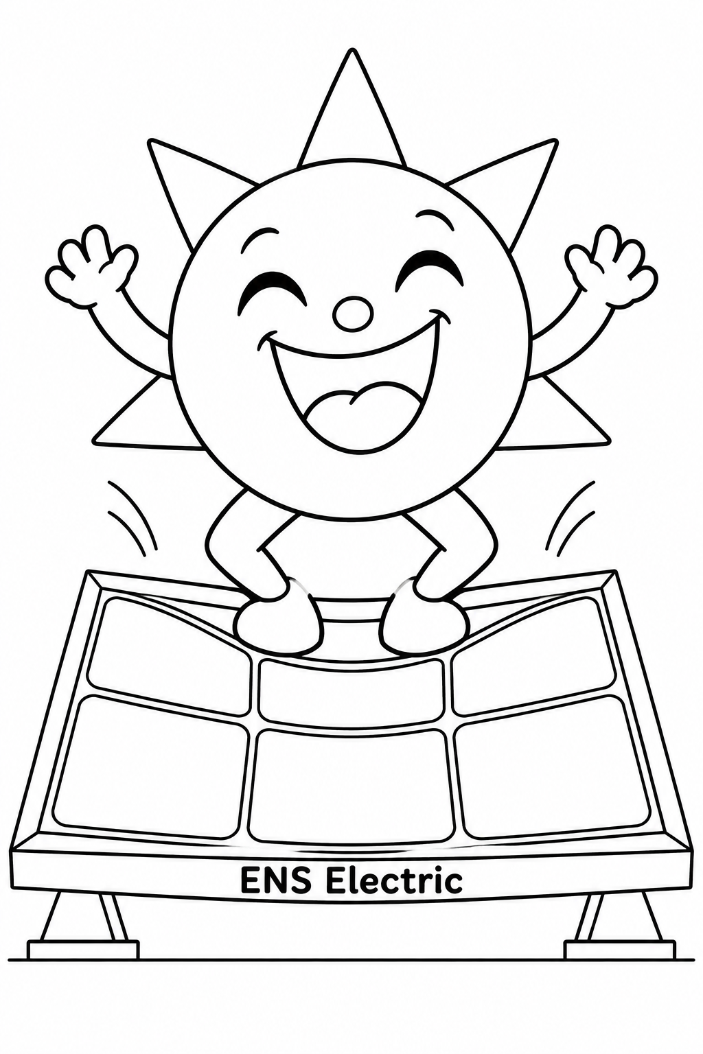 A joyful little sun bounces on one oversized solar panel that stretches like a trampoline beneath its feet.