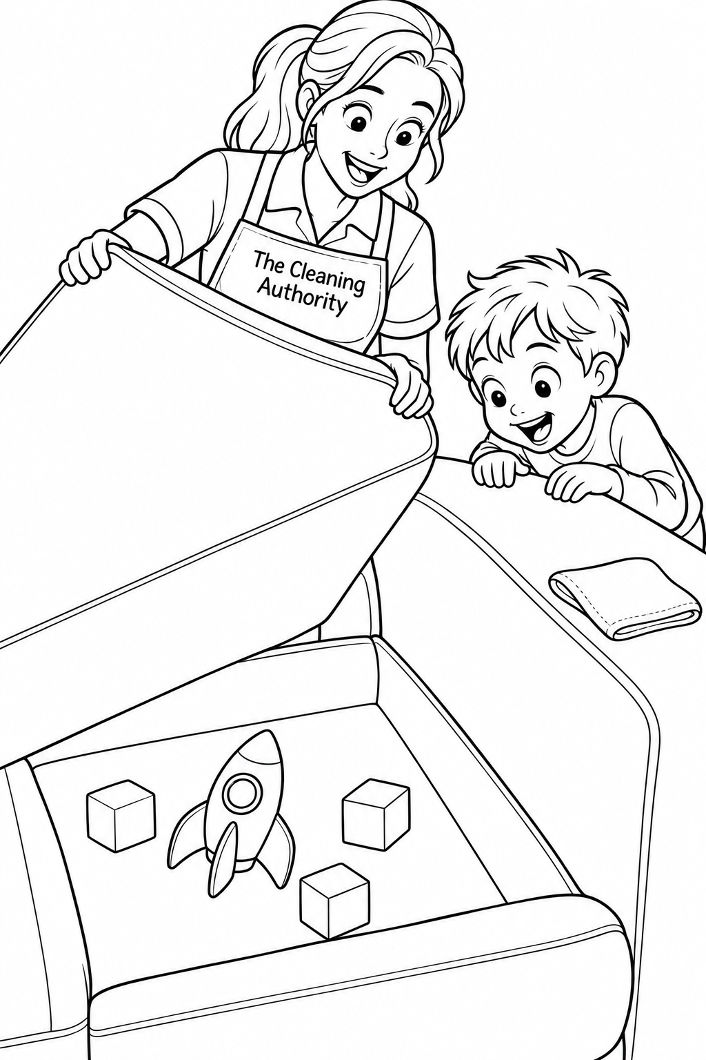 A house cleaner lifts one sofa cushion like a treasure-chest lid, revealing a child’s lost toy rocket among three big building blocks; the child leans over the sofa arm in delighted surprise.