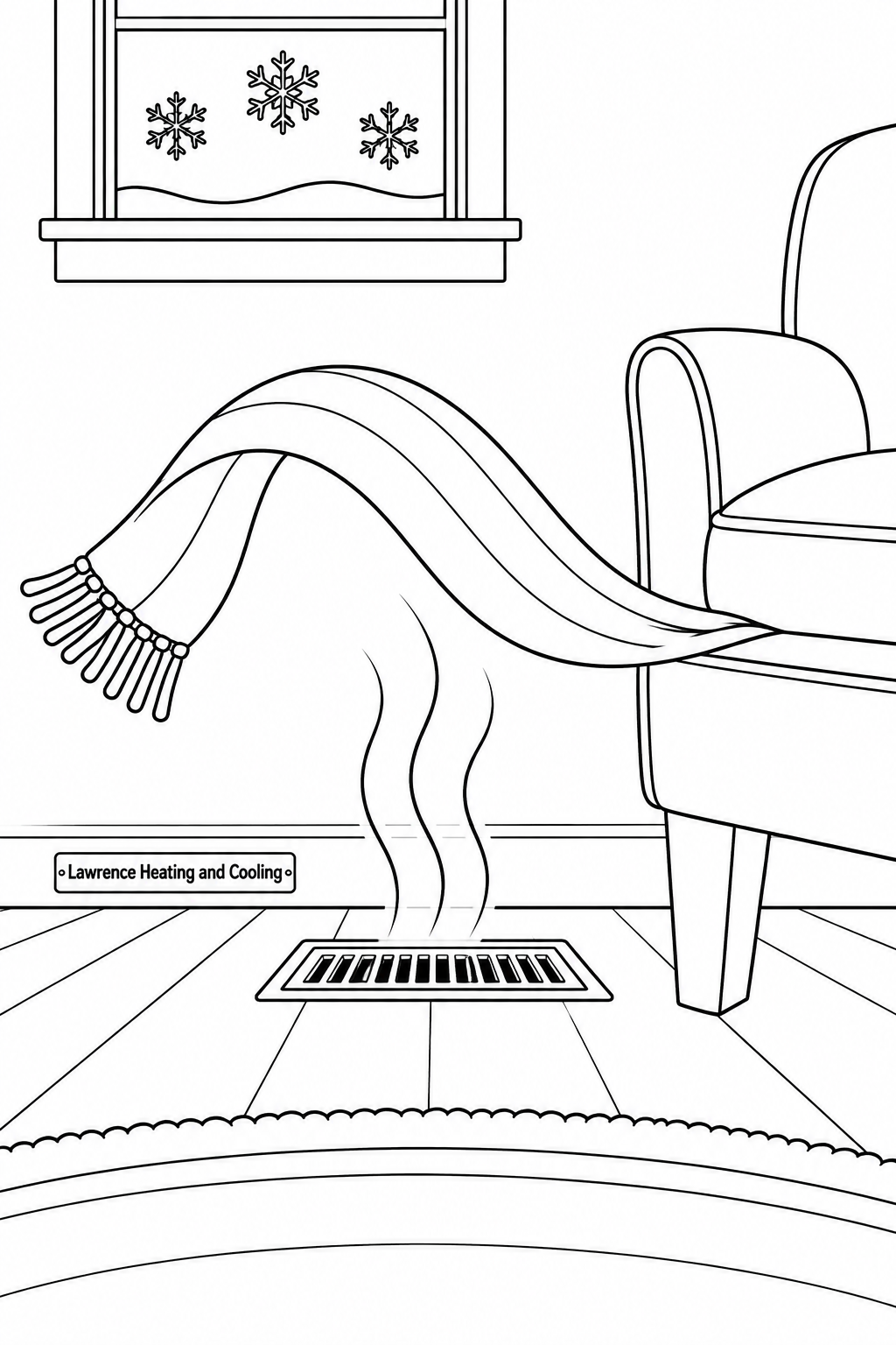 A very lightweight scarf has one end trapped securely under a chair cushion while its loose lower span rises gently in warm air from a floor register, forming one broad floating arch.