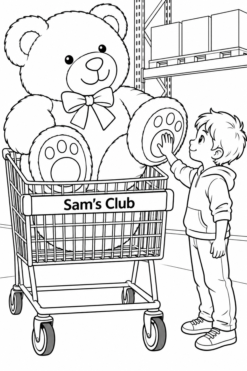 A child stands beside a shopping cart carrying an enormous stuffed bear and presses their little palm against the bear’s much larger soft paw.