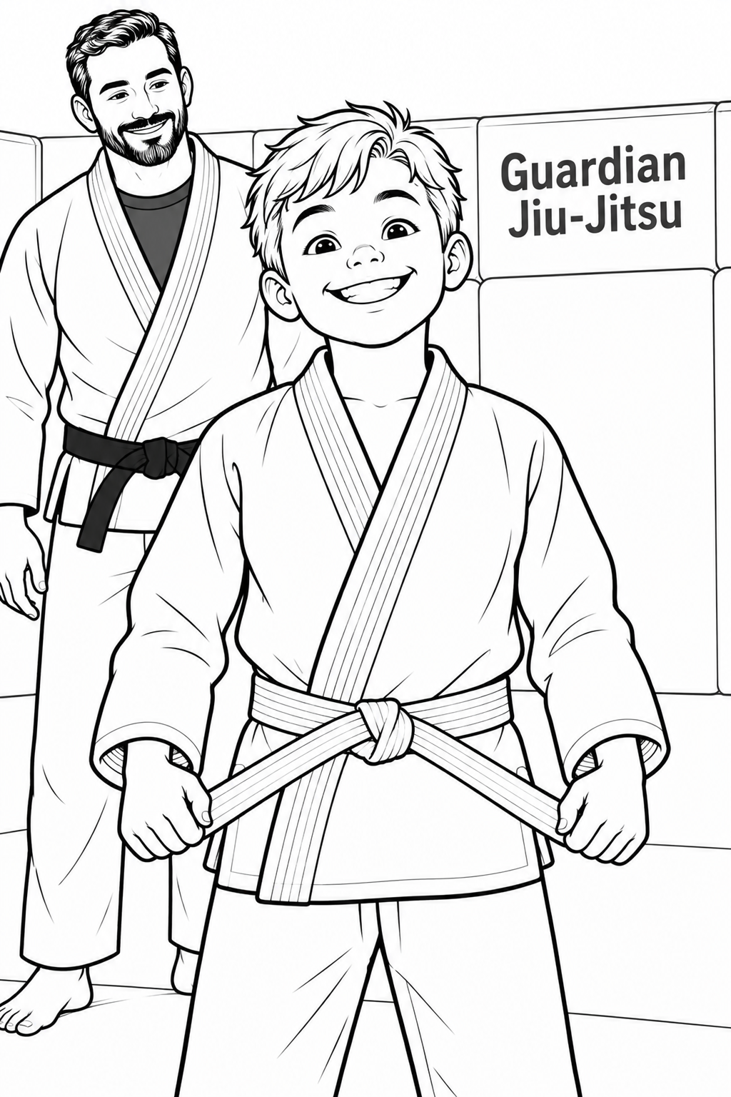 A delighted child in a BJJ gi holds the two short ends of a newly tied belt apart, showing the compact knot proudly to a smiling coach.