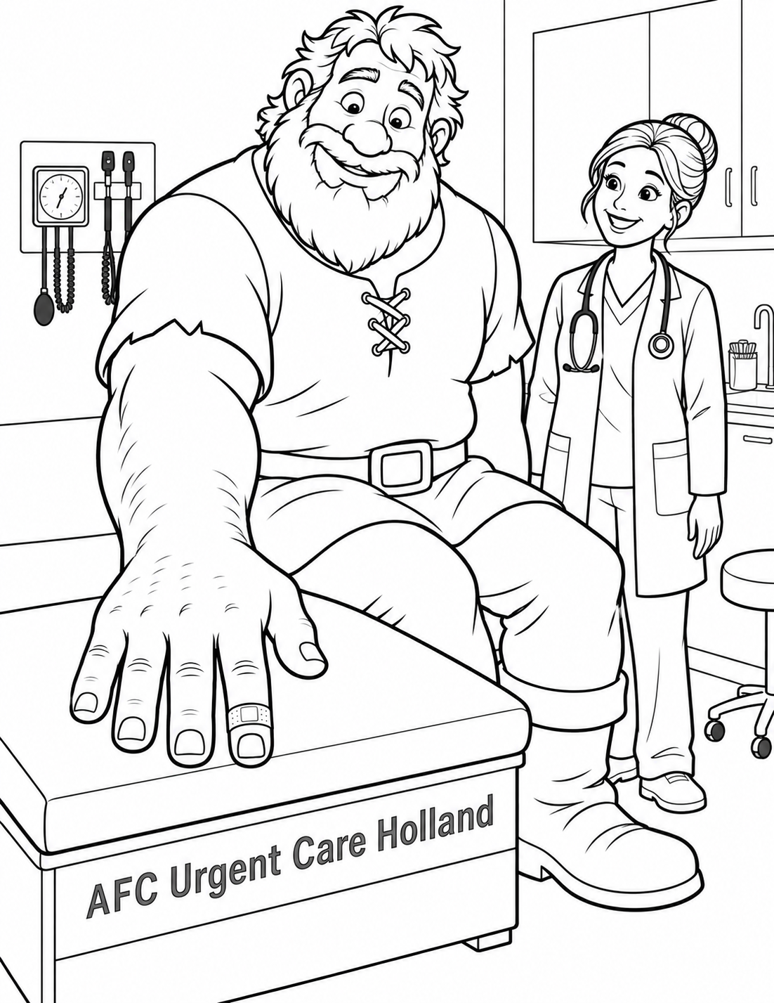 A friendly giant patient rests his right hand palm-down on the exam bench after a tiny bandage is applied, while the clinician checks the still-connected arm.
