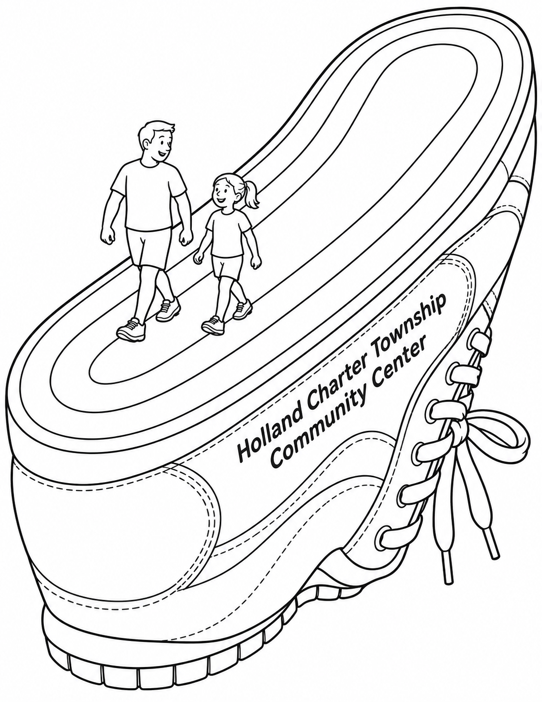 Two miniature walkers enjoy a three-lane walking track that follows the broad sole of one enormous upside-down sneaker.