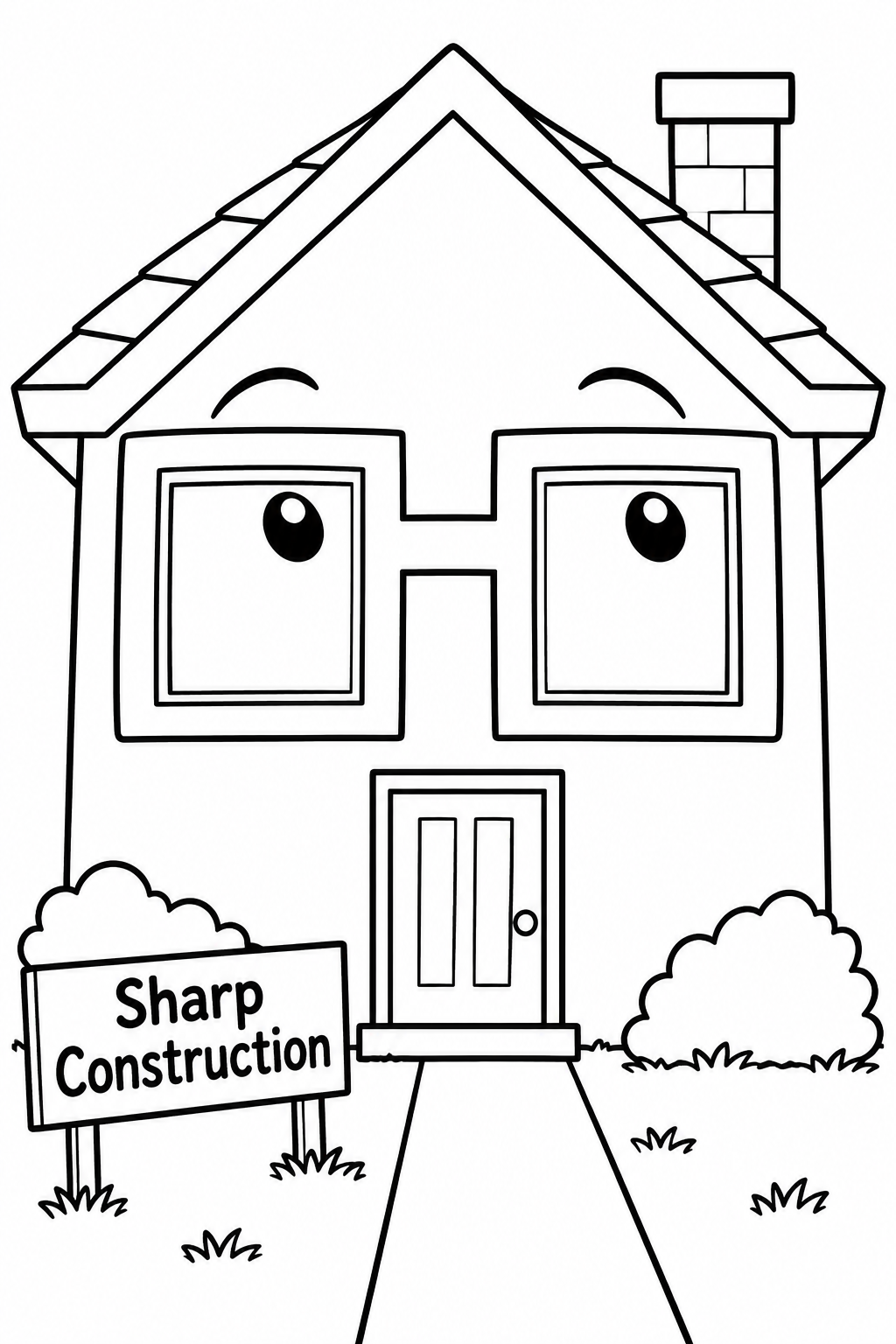 A cheerful little house wears two enormous rectangular window frames like a pair of spectacles, with its two front windows sitting inside the giant frames.