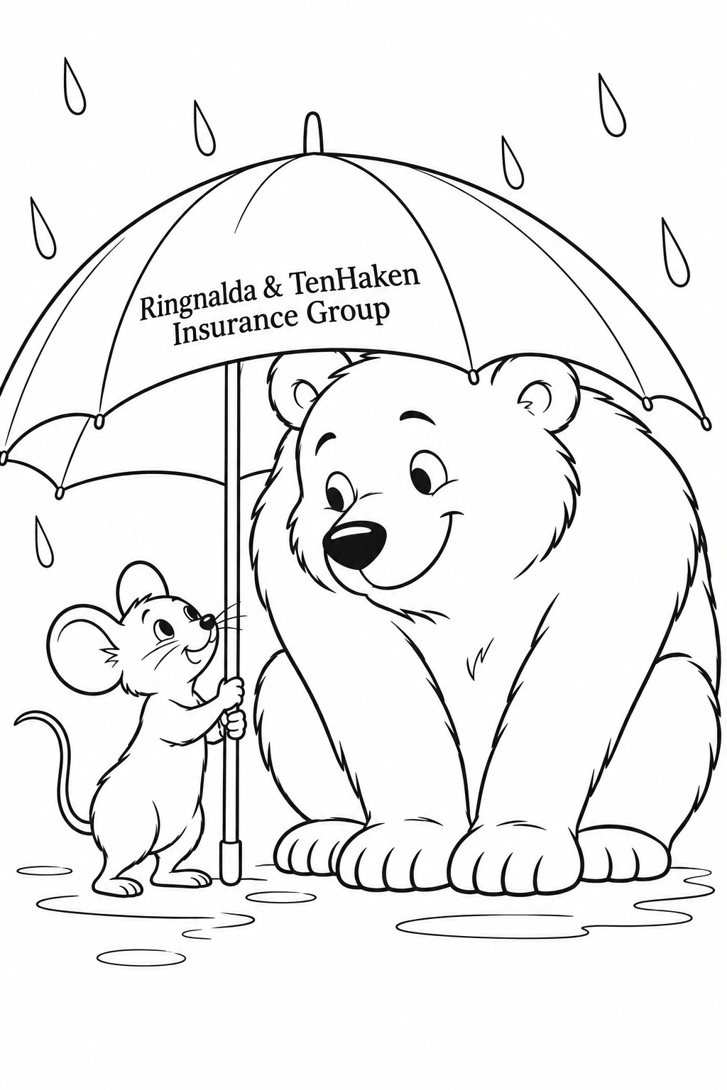 A tiny mouse holds an umbrella while an enormous bear folds itself down to share the dry spot.