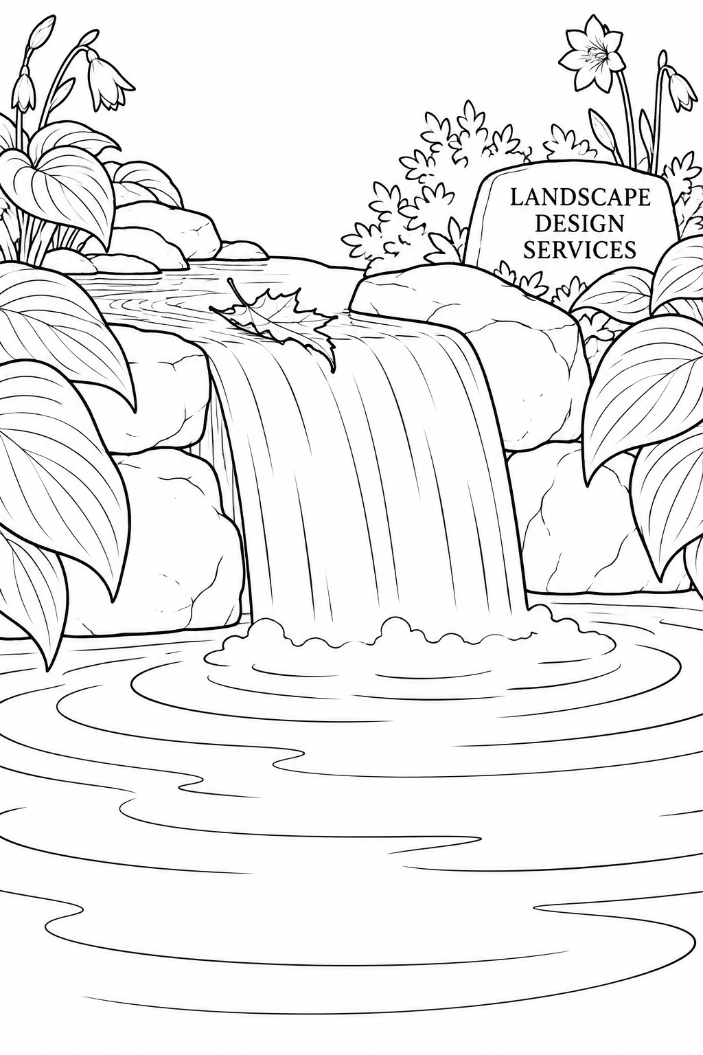 A curled leaf teeters on a bright sheet of falling water, an intimate journey through a designed garden.