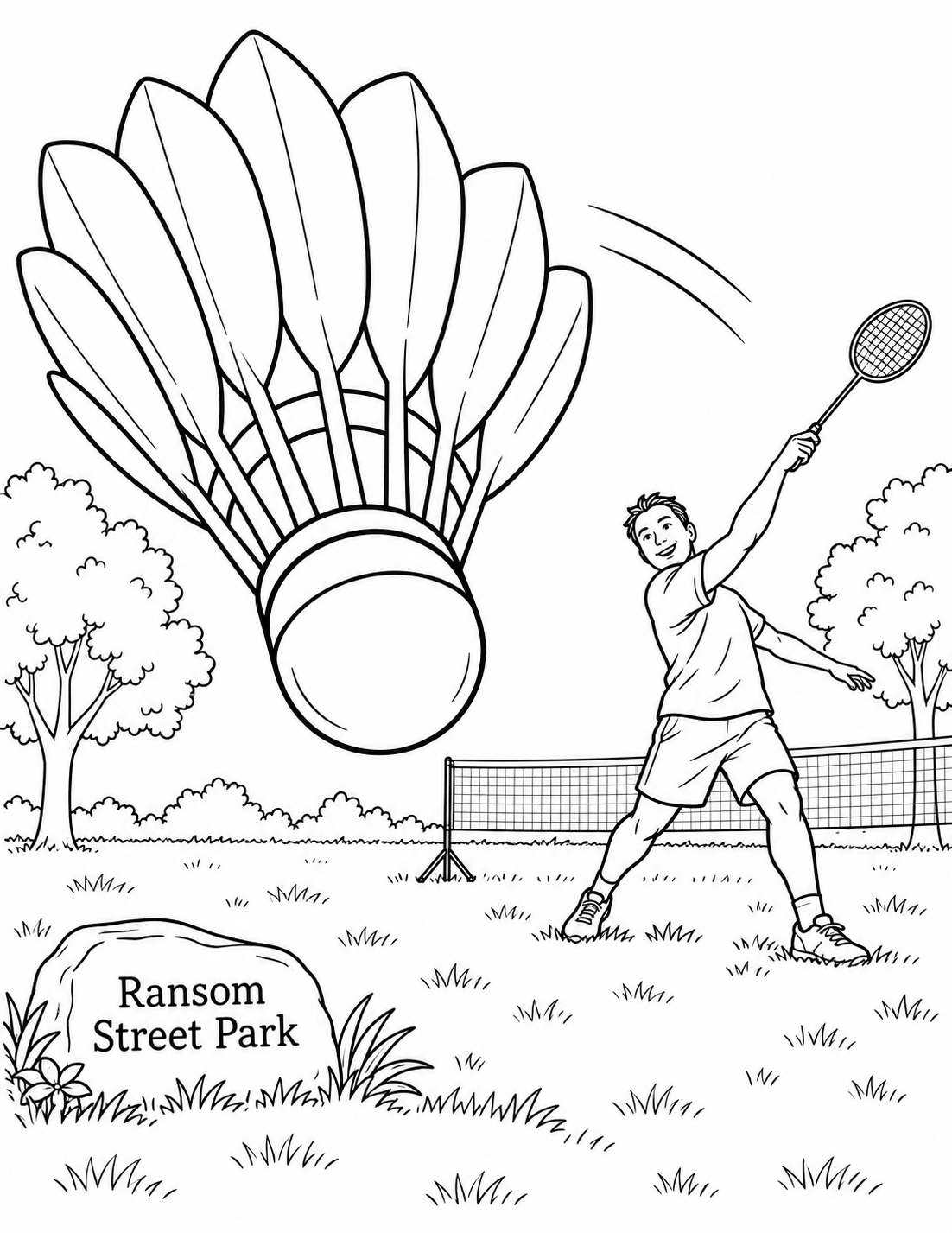 A badminton shuttlecock rushes toward the viewer while a player finishes a graceful swing.
