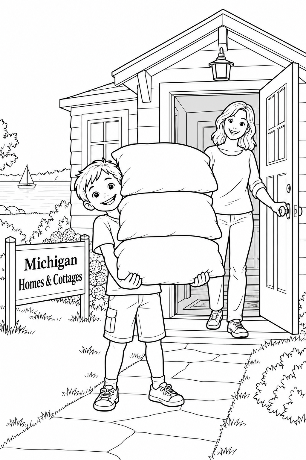 A child bringing three pillows into a new cottage peeks around the tall soft stack with a proud grin while an adult holds the door open.