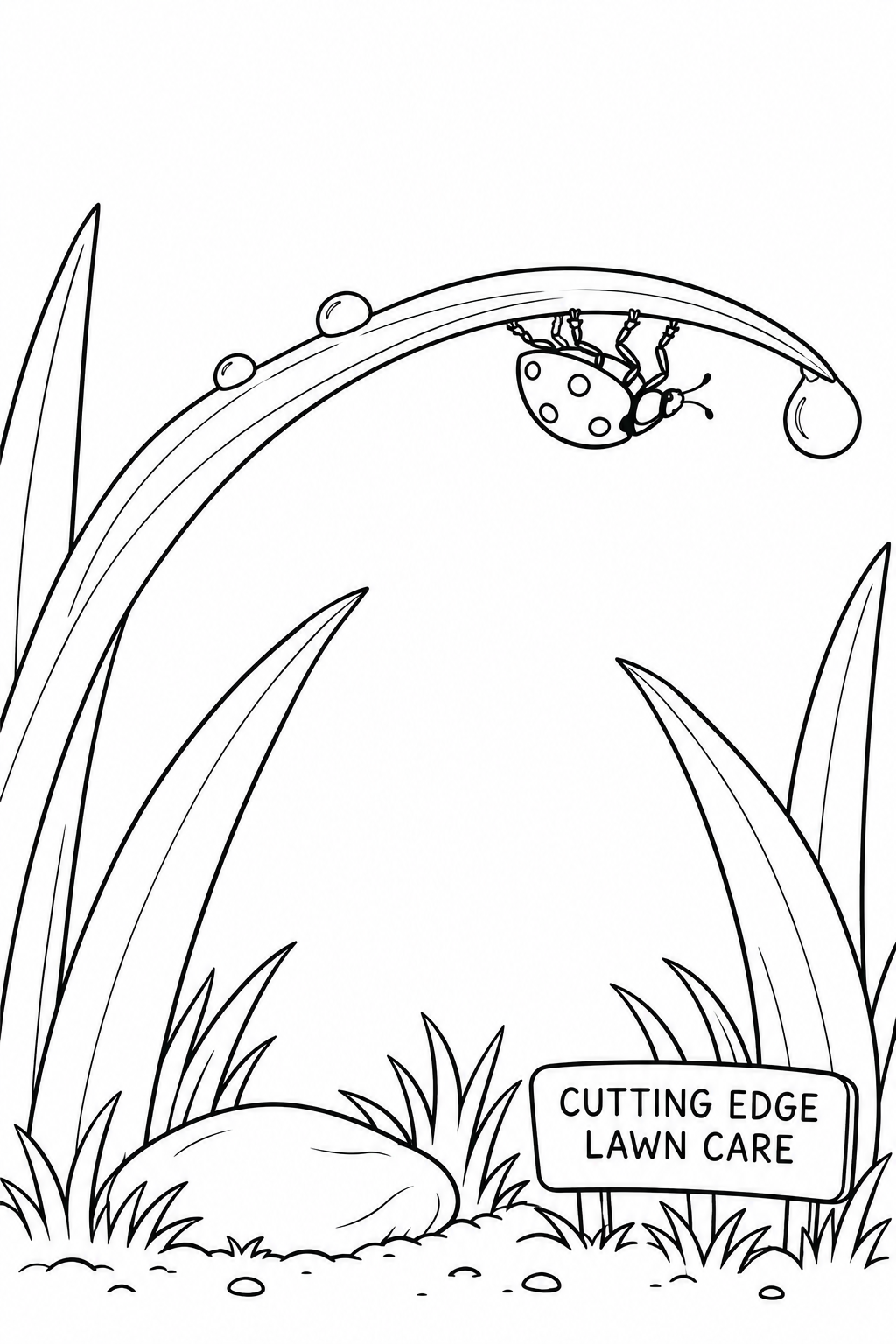 A tiny upside-down ladybug approaches a dew bead on a bowed blade of grass: an intimate moment held in a single natural curve.