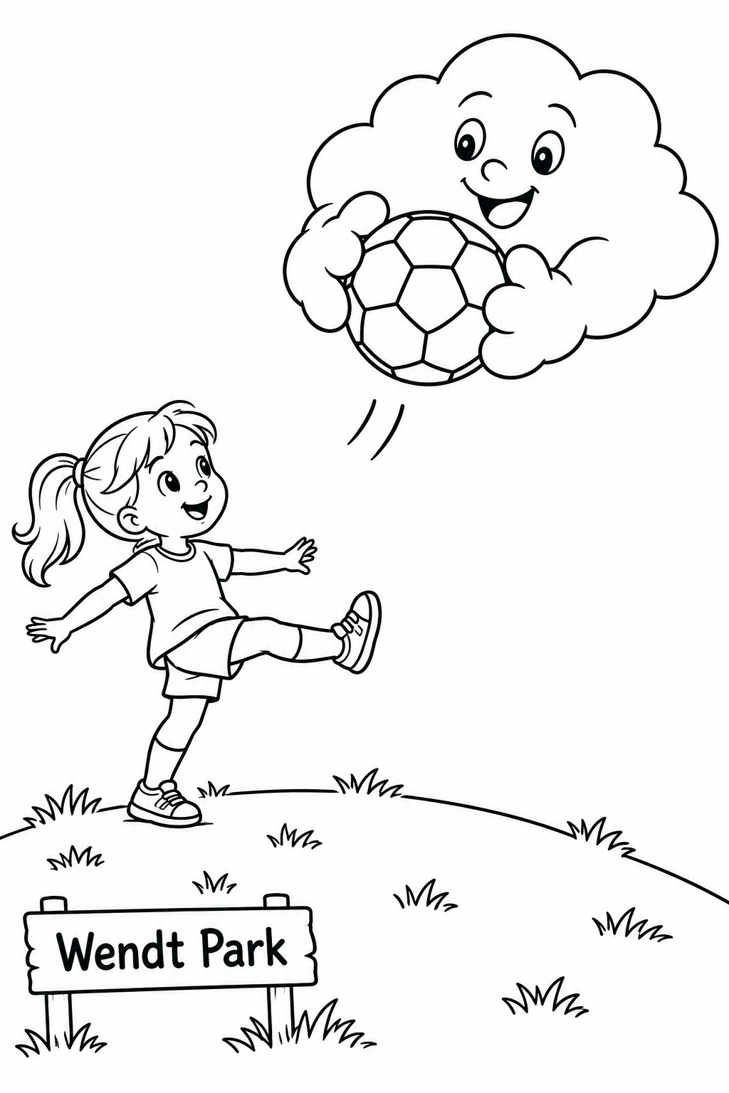 A little girl has kicked a soccer ball up to a friendly cloud goalkeeper, whose two puffy hands catch it above a small grassy hill.