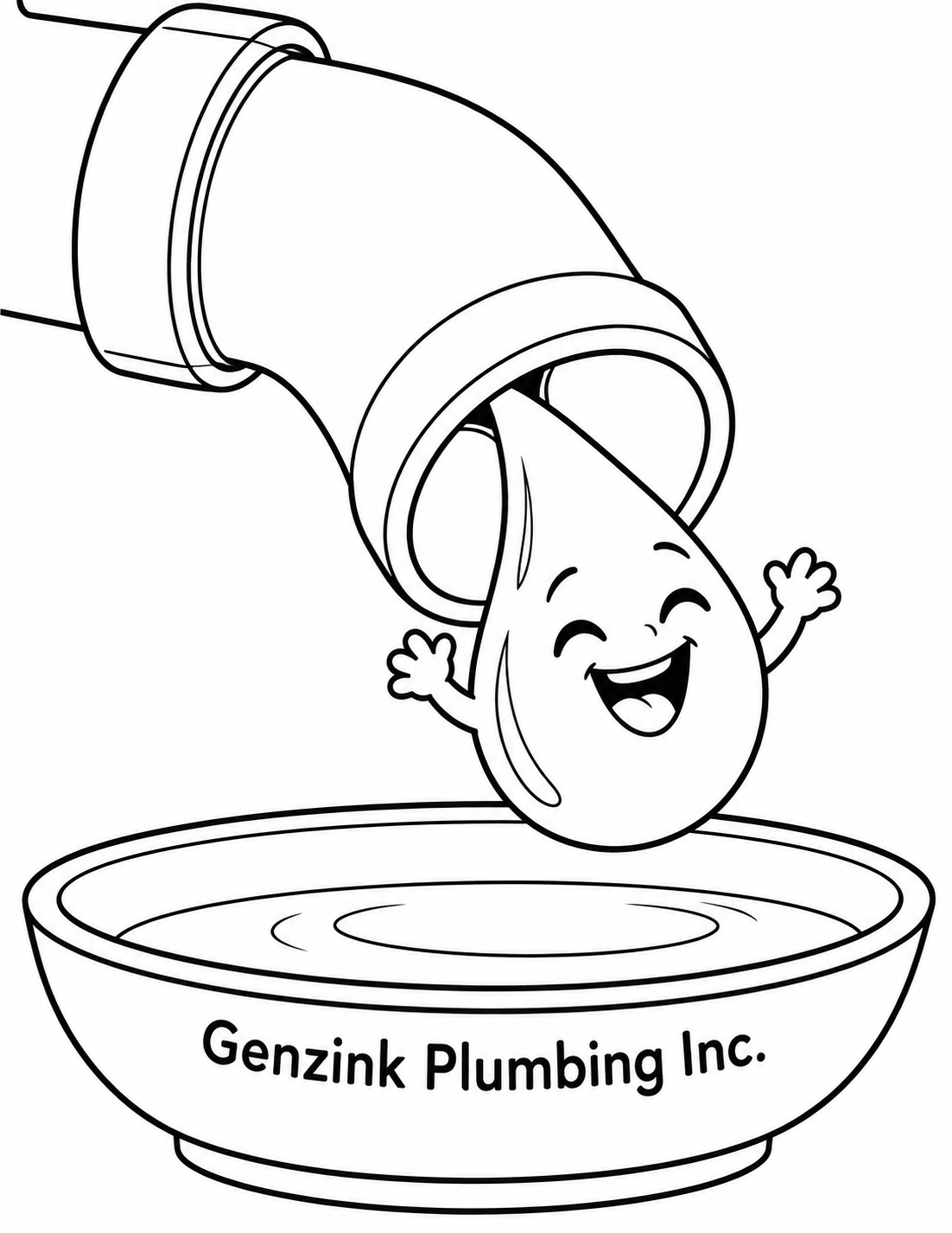 A happy water droplet slides through a giant curved plumbing elbow into a basin.